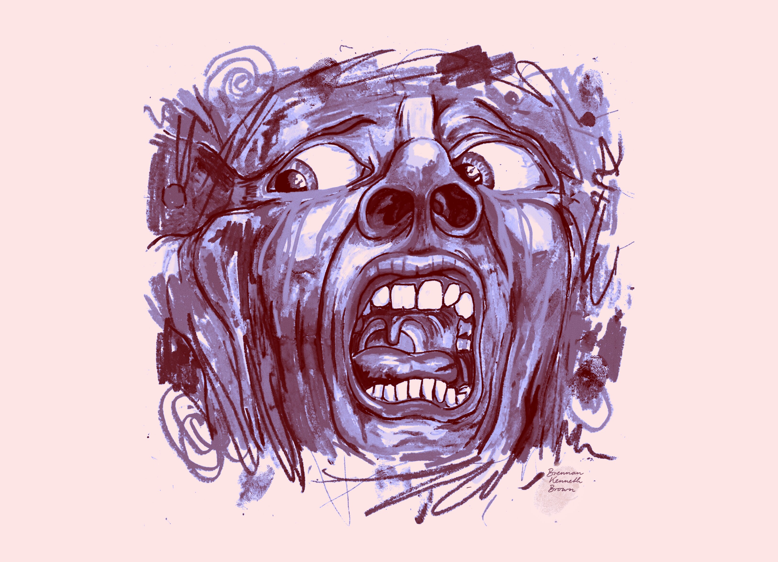 Expressionistic ink illustration of a distorted screaming face, rendered in blue and dark red brush strokes. The eyes bulge in opposite directions and the mouth gapes wide, showing teeth and tongue, while chaotic scribbles and paint marks surround the head, giving the image an intense, frantic energy.
