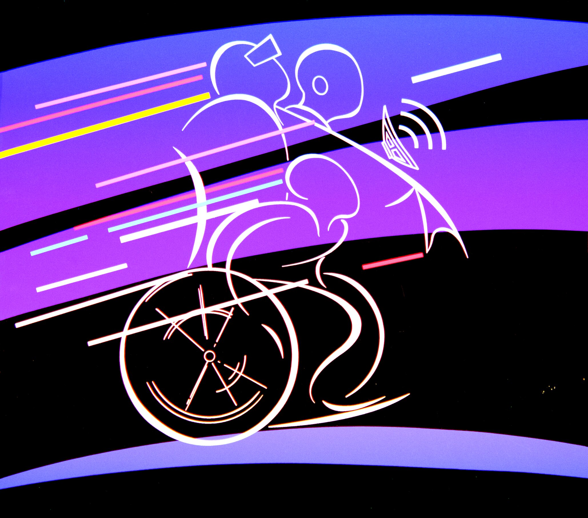 A stylized illustration of a wheelchair racer in motion, rendered in neon white line art against a bold graphic background of sweeping bands in black, purple, violet, and blue. The athlete leans forward aggressively over a racing wheelchair, with speed lines in pink, yellow, cyan, and white suggesting rapid forward movement. A small speaker with signal waves extends from the chair. The aesthetic evokes 1980s sports graphic design.
