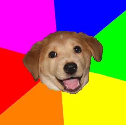 Advice Dog meme template: a golden retriever puppy face centered on a rainbow colour-wheel background, used as an image macro format for absurd or ironic advice.