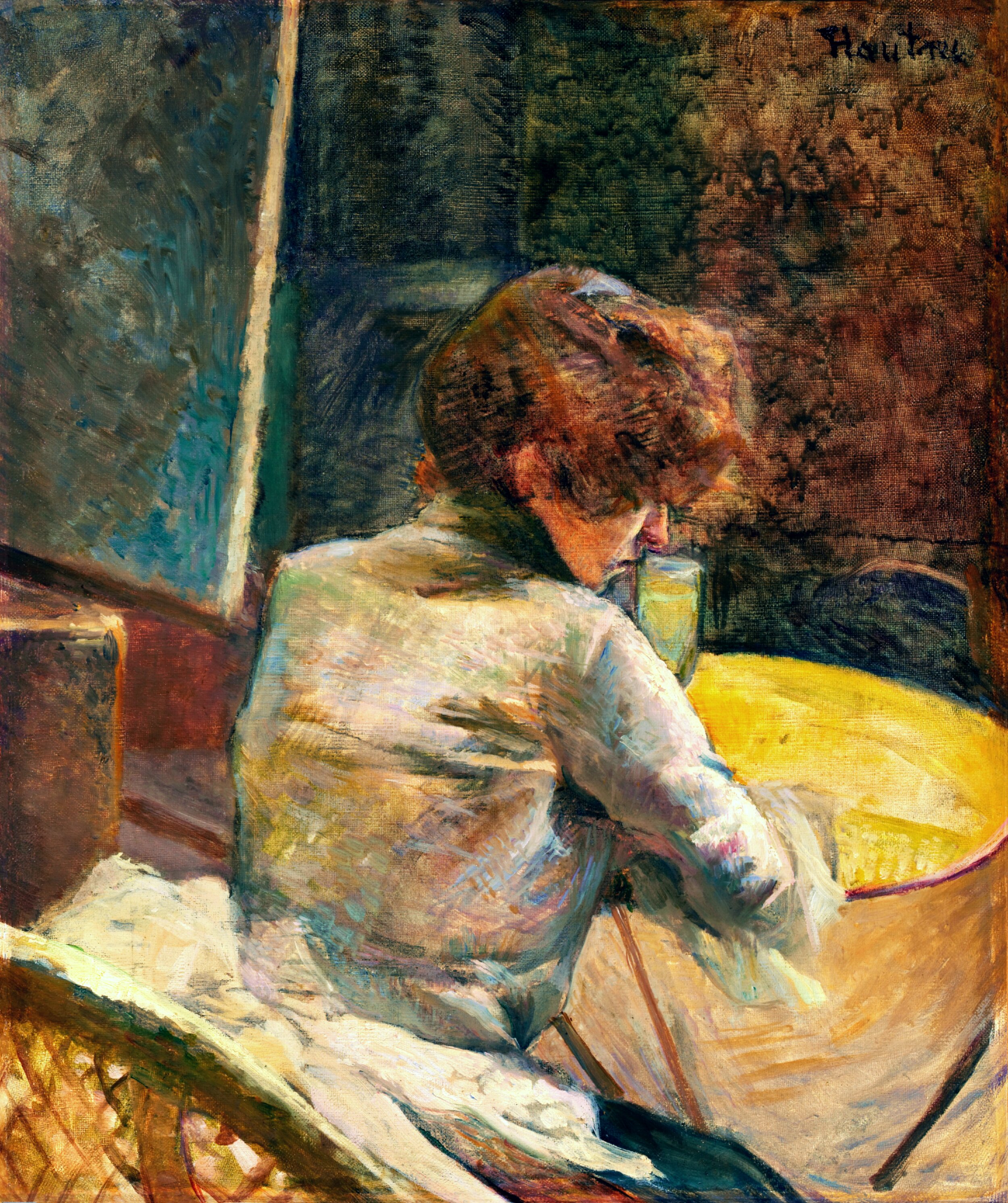 Oil painting in loose Impressionist brushstrokes of a person with short auburn hair, seen from behind in profile, wearing a light cream blouse and resting their forearms on a round table with a mustard-yellow cloth. A pale green drinking glass sits nearby. The background is a muted dark teal-green and rust-brown, with a faint signature in the upper right corner.