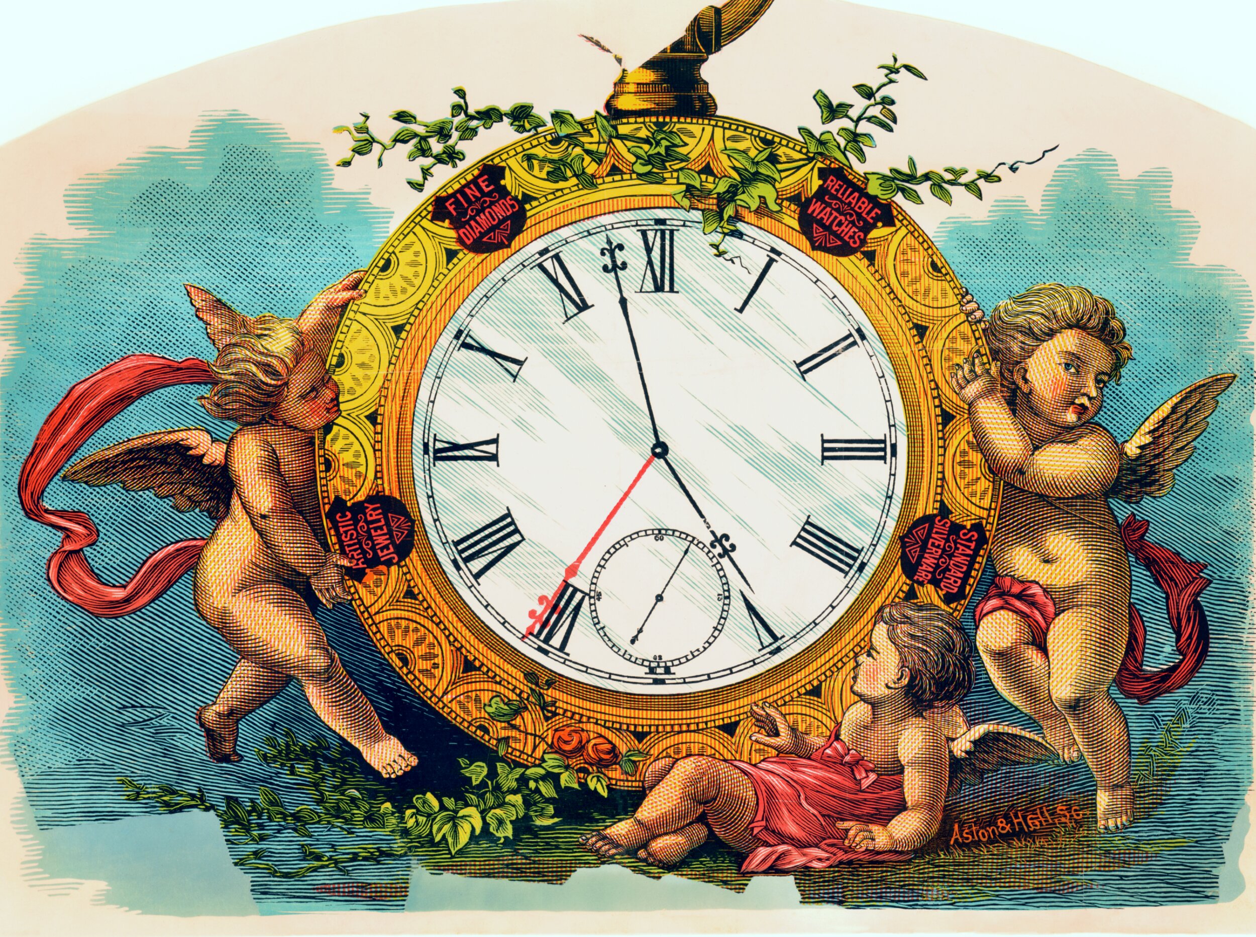Victorian-style chromolithograph advertisement featuring an oversized ornate gold pocket watch with a white face, black Roman numerals, and a small seconds subdial, the hands pointing to just past twelve. Four cherubs surround the watch: one on the left trails a long red ribbon, one perches on the upper right rim, and two more recline together at the base draped in red fabric among ivy and roses. Ivy vines drape over the watch's crown, and four dark shield-shaped badges around the rim read 'Fine Diamonds,' 'Reliable Watches,' 'Artistic Jewelry,' and 'Standard Silverware.' The scene sits against a teal, cloud-streaked sky, with 'Aston & Hall Sc.' credited in the lower right corner.