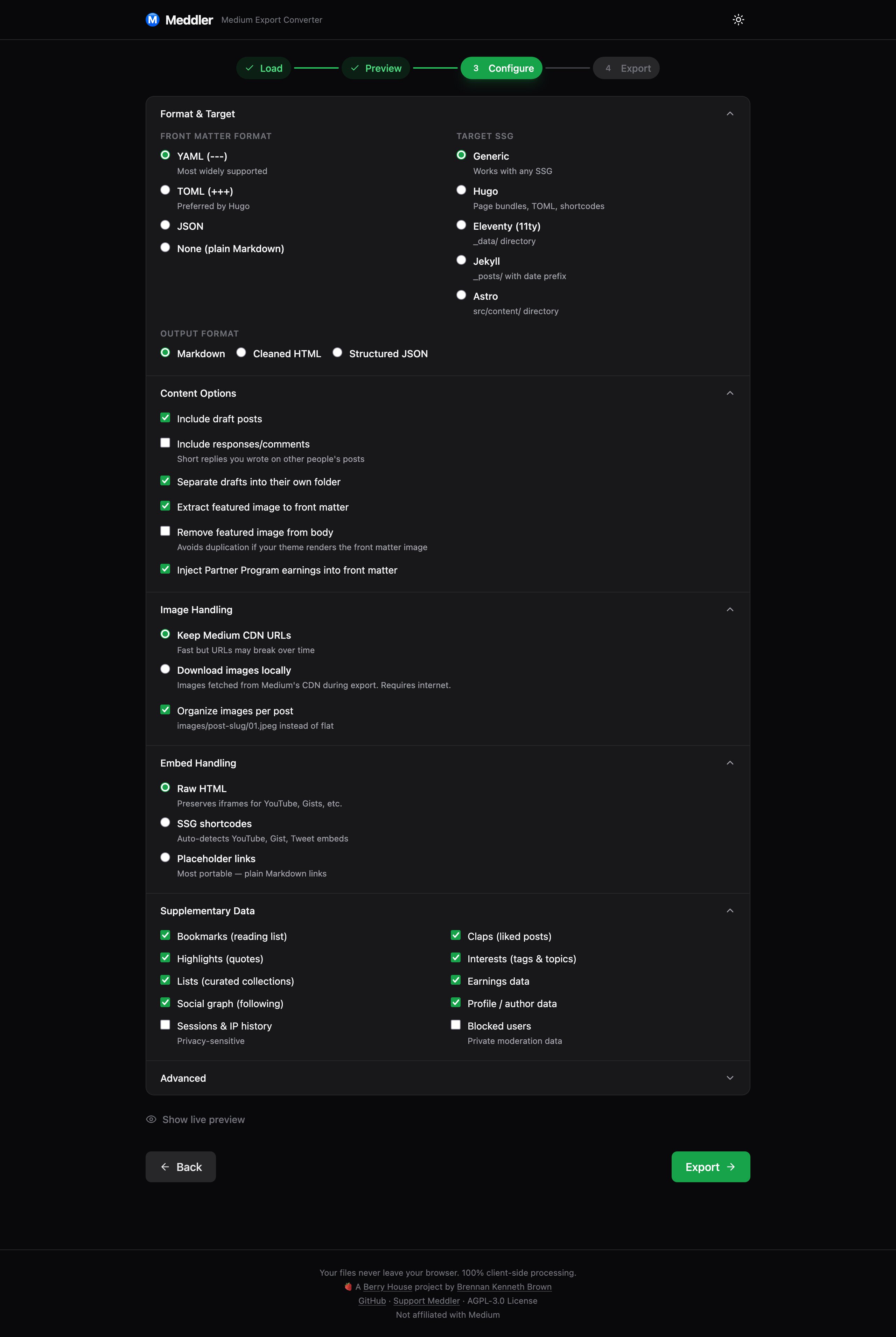 Meddler configuration screen showing format options and settings