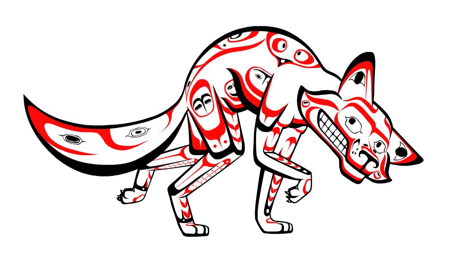 Formline-style illustration of Coyote the Trickster in the black, red, and white palette of Northwest Coast Indigenous art. The coyote is shown mid-stride with an arched back and a curled tail, its body built from interlocking ovoid and U-shaped forms, stylized joint markings, and small embedded faces. Its head turns back toward the viewer with a toothy grin, a large stylized eye, and a pointed ear.