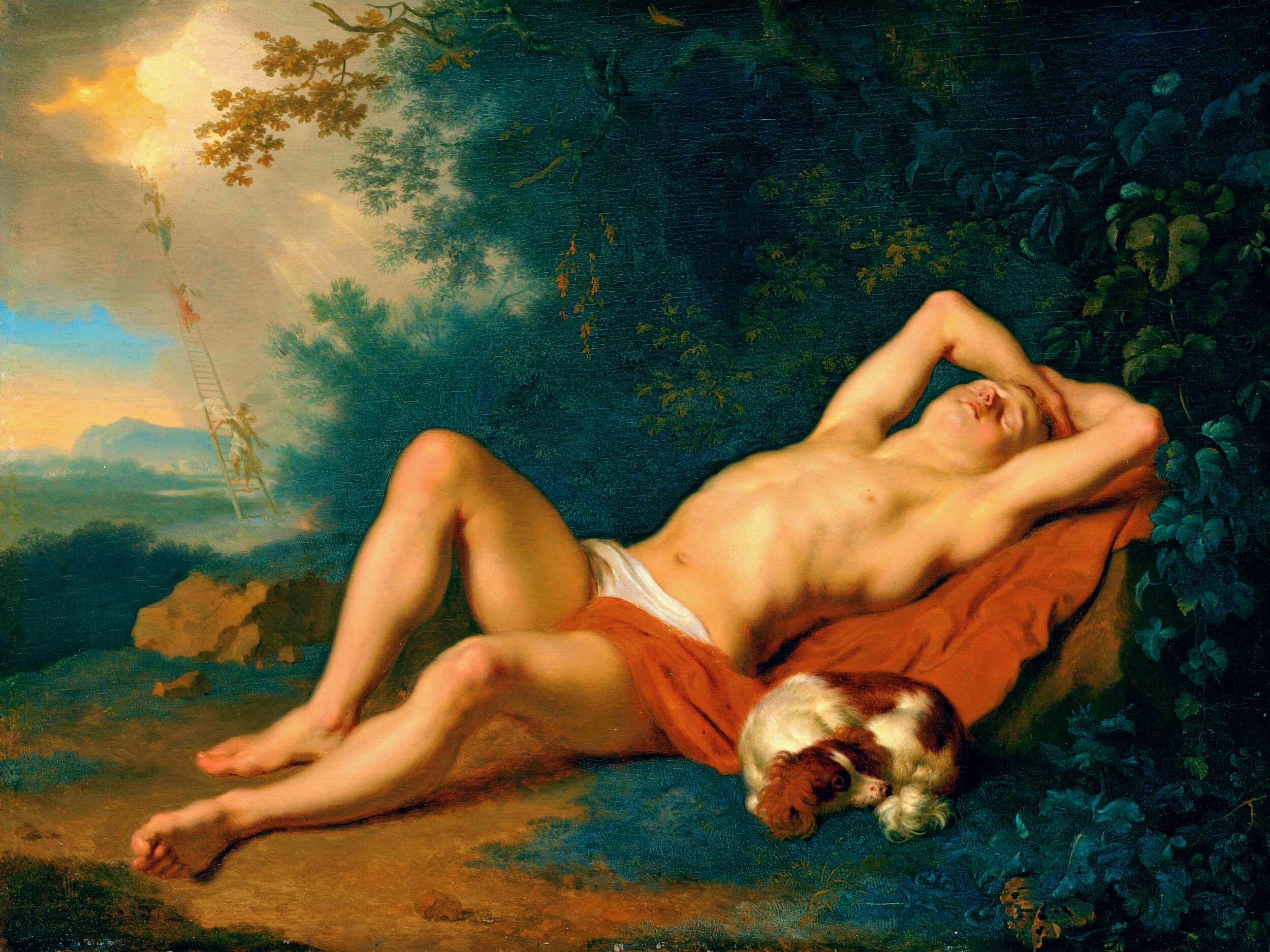 Oil painting in the Dutch Golden Age style depicting Jacob's Dream: a youth reclines asleep on rocky ground, one arm raised behind their head, wrapped loosely at the waist in an orange-red cloth draped over dark green foliage. A brown-and-white spaniel dog dozes across their legs. In the upper left, a stone stairway extends into a luminous, cloud-filled sky where small winged angel figures climb between earth and heaven, bathed in golden light against a distant blue landscape.