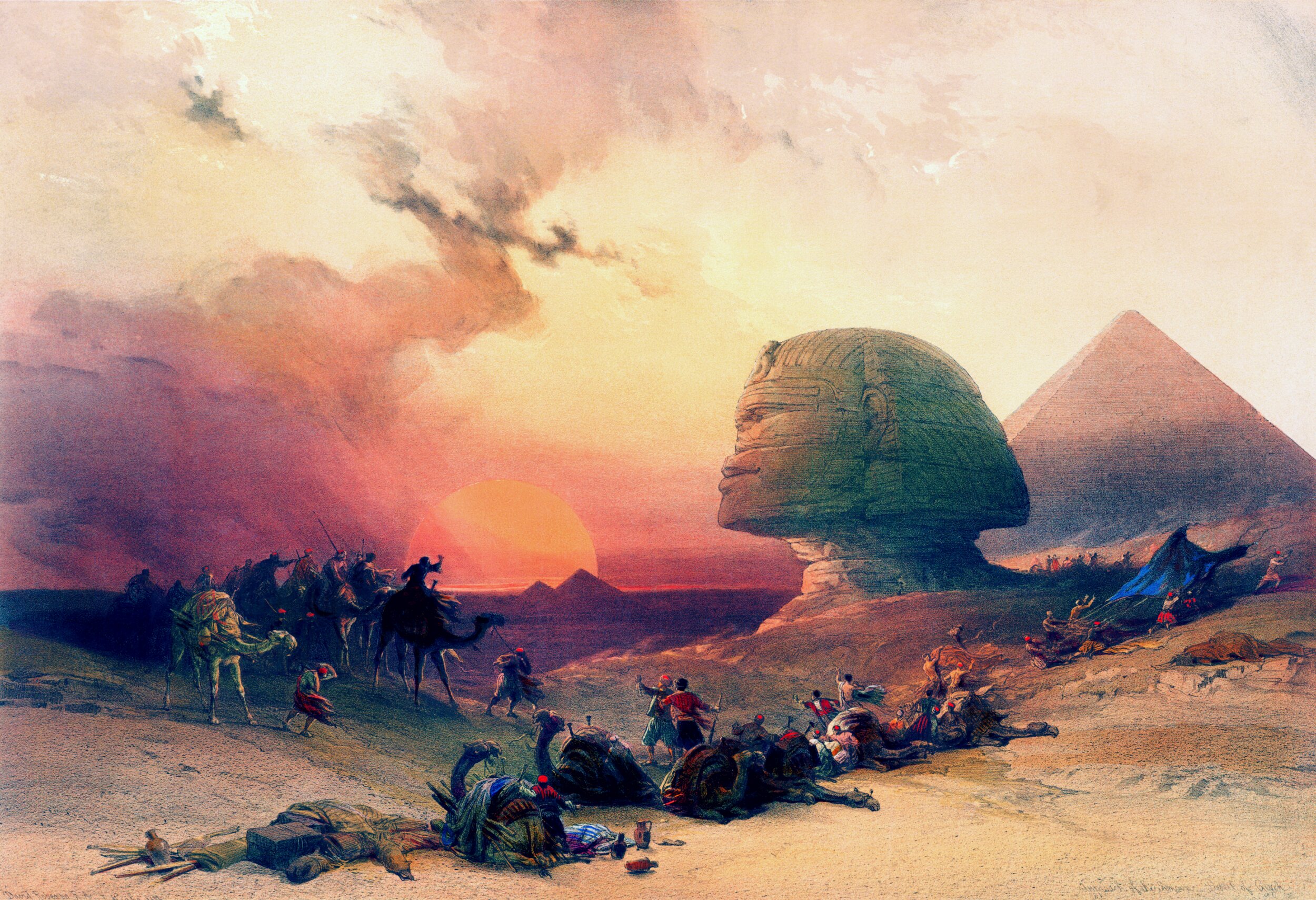 A historical-style painting of a desert landscape at sunset, with the Great Sphinx of Giza and a pyramid in the background. A group of travelers and camels crosses the desert while several people and camels lie or rest in the foreground. The sky is filled with warm pink, orange, and golden clouds, creating a dramatic atmosphere.