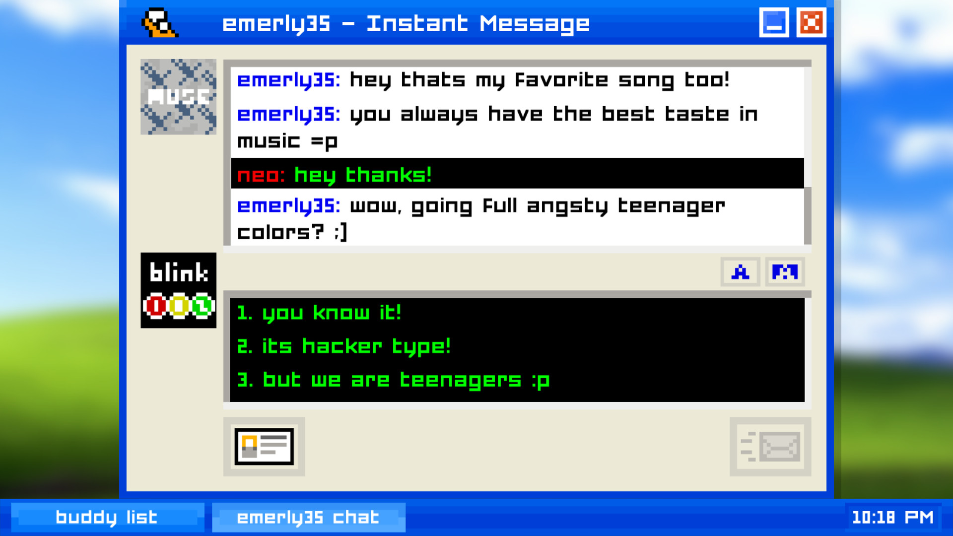 Screenshot from the game Emily is Away, showing an AIM-style instant messaging interface. Two users, emerly35 and neo, chat about music taste. Neo's messages appear in green text on a black background styled as 'hacker type.' A response selection menu shows three green-text options. The buddy's avatar shows a Blink-182 logo; the other shows a pixelated 'MUSE' image.