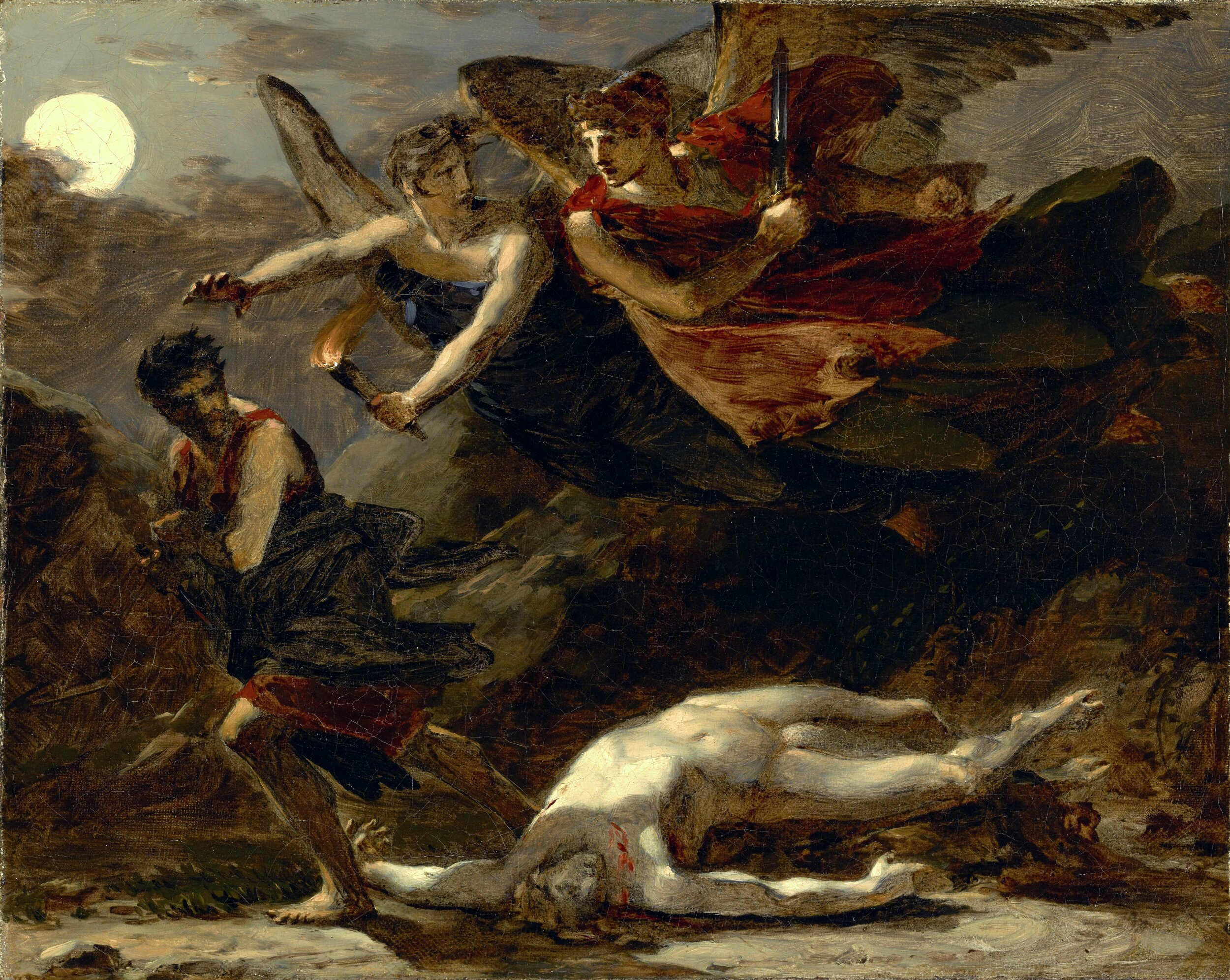 A dark Romantic-era oil painting depicting an allegorical scene of divine retribution. Two winged figures descend dramatically from a moonlit, storm-clouded sky — one holds a torch, the other brandishes a dagger and wears flowing red drapery. Below them, a dark-clad figure flees to the left, glancing back in terror, also carrying a torch. In the foreground, a pale, nearly nude human body lies prostrate on the ground, face-down, with a small wound visible on the torso. The palette is dominated by deep browns, greys, and blacks, with the pale body and the full moon providing stark contrast. The composition conveys swift, inevitable pursuit.