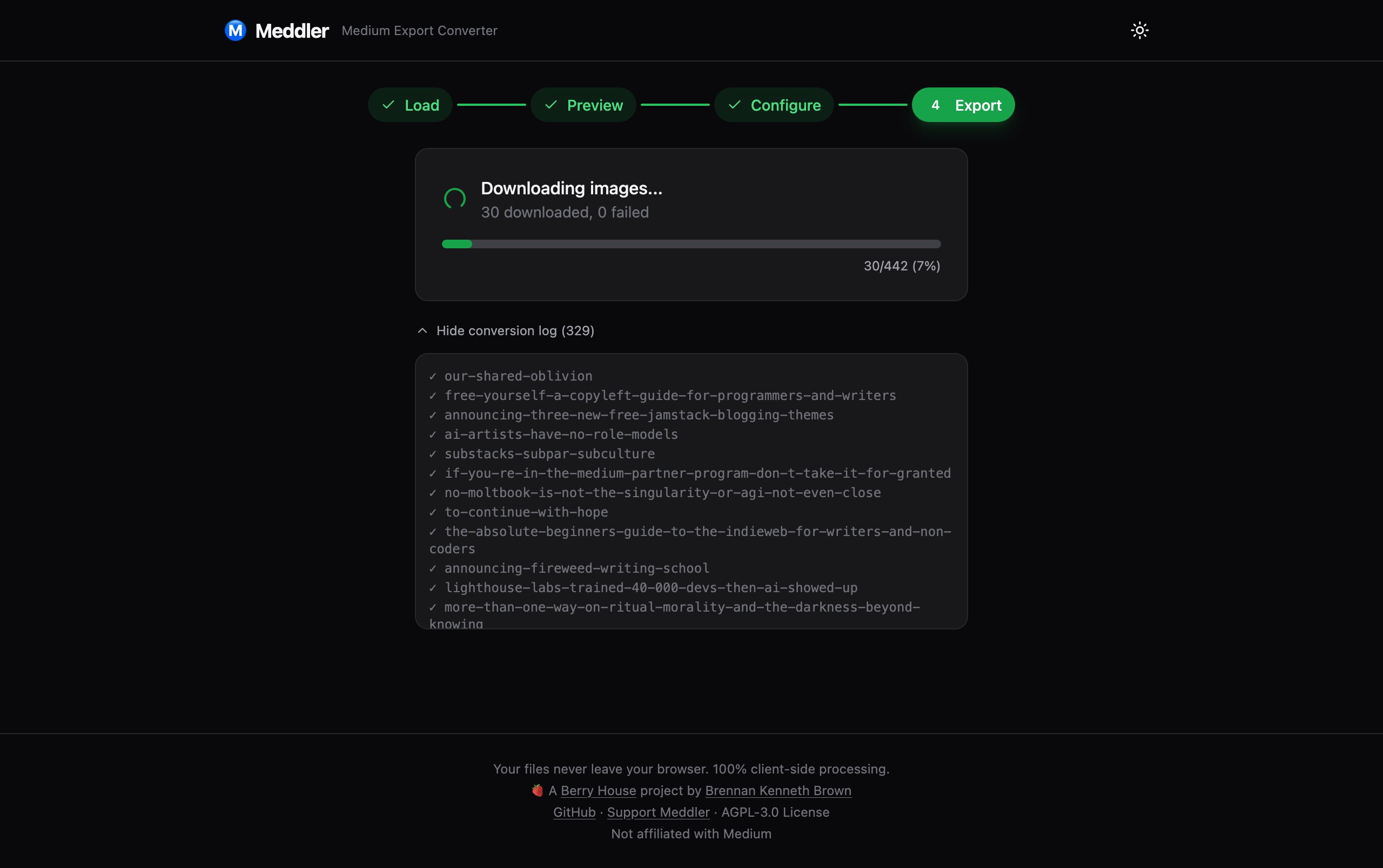 Meddler export screen showing download progress and conversion log