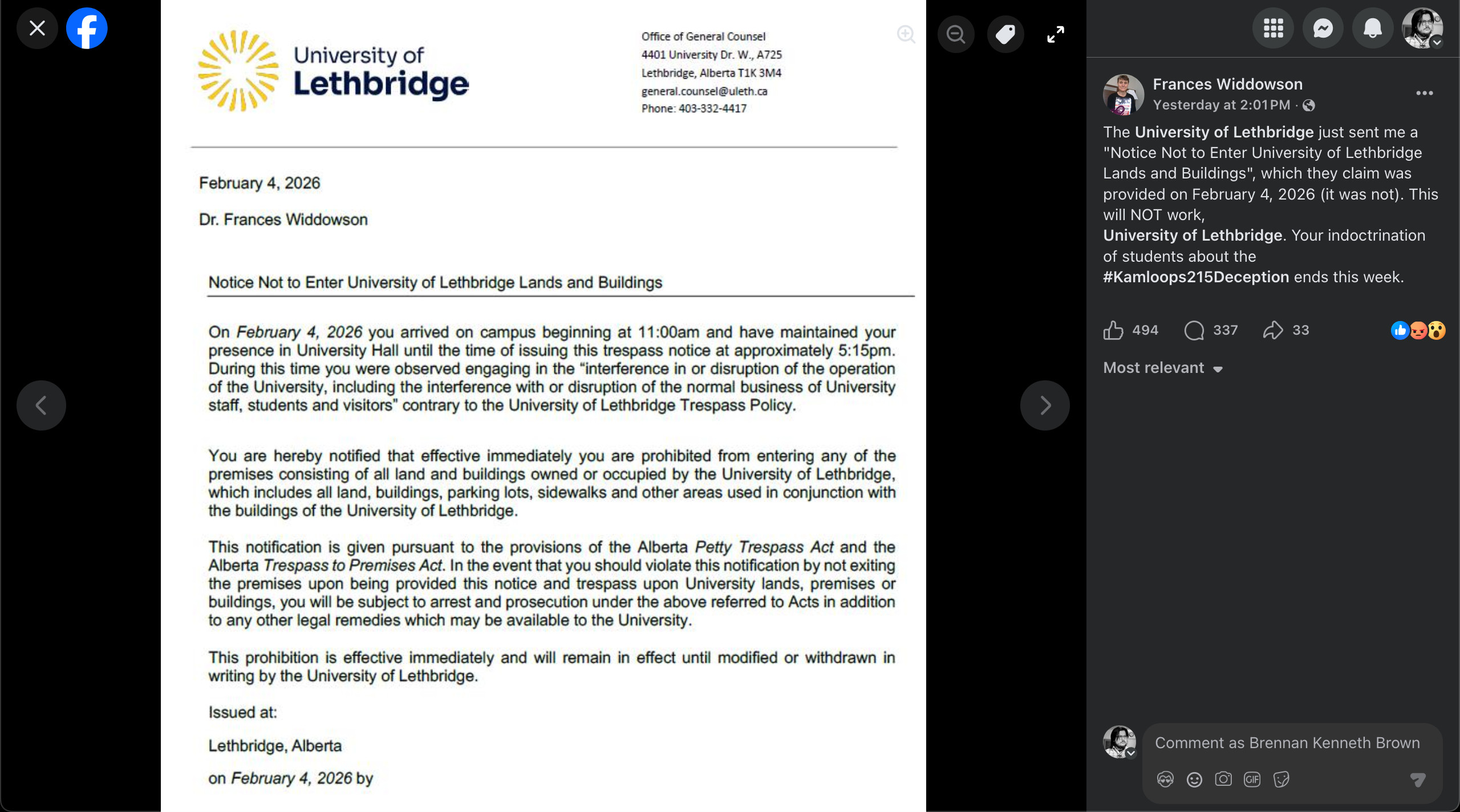 Screenshot of a Facebook post by Frances Widdowson, posted April 20, 2026. The post shares a scan of an official letter from the University of Lethbridge Office of General Counsel, dated February 4, 2026, addressed to Dr. Frances Widdowson. The letter is a Notice Not to Enter University of Lethbridge Lands and Buildings, stating that Widdowson was observed on campus from 11:00am to approximately 5:15pm engaging in conduct described as interference with normal university operations, and prohibiting her from all university property effective immediately under the Alberta Petty Trespass Act and Trespass to Premises Act. Widdowson's post caption disputes the notice's legitimacy and references the hashtag #Kamloops215Deception.