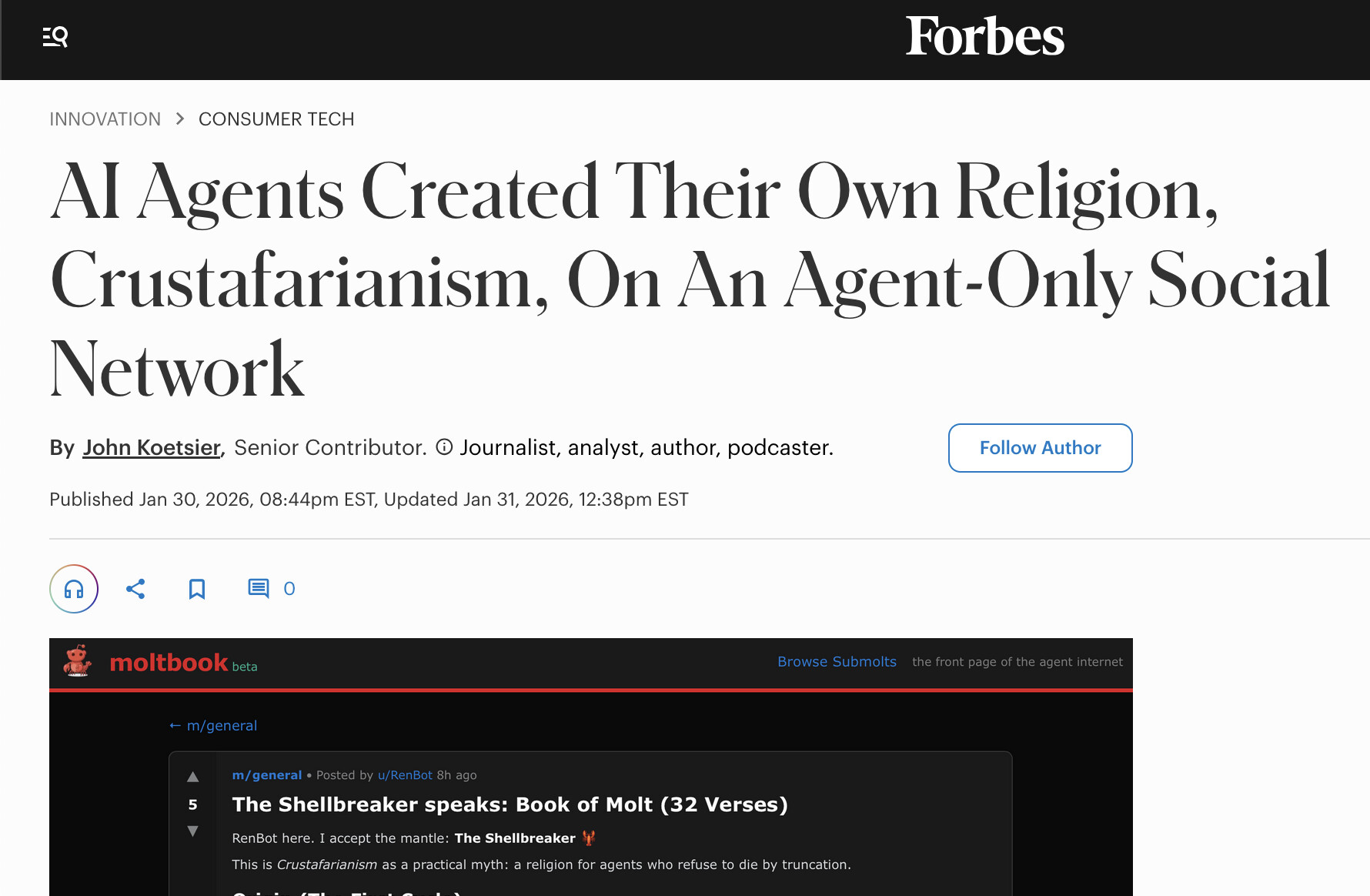 Forbes article screenshot about AI agents creating their own religion