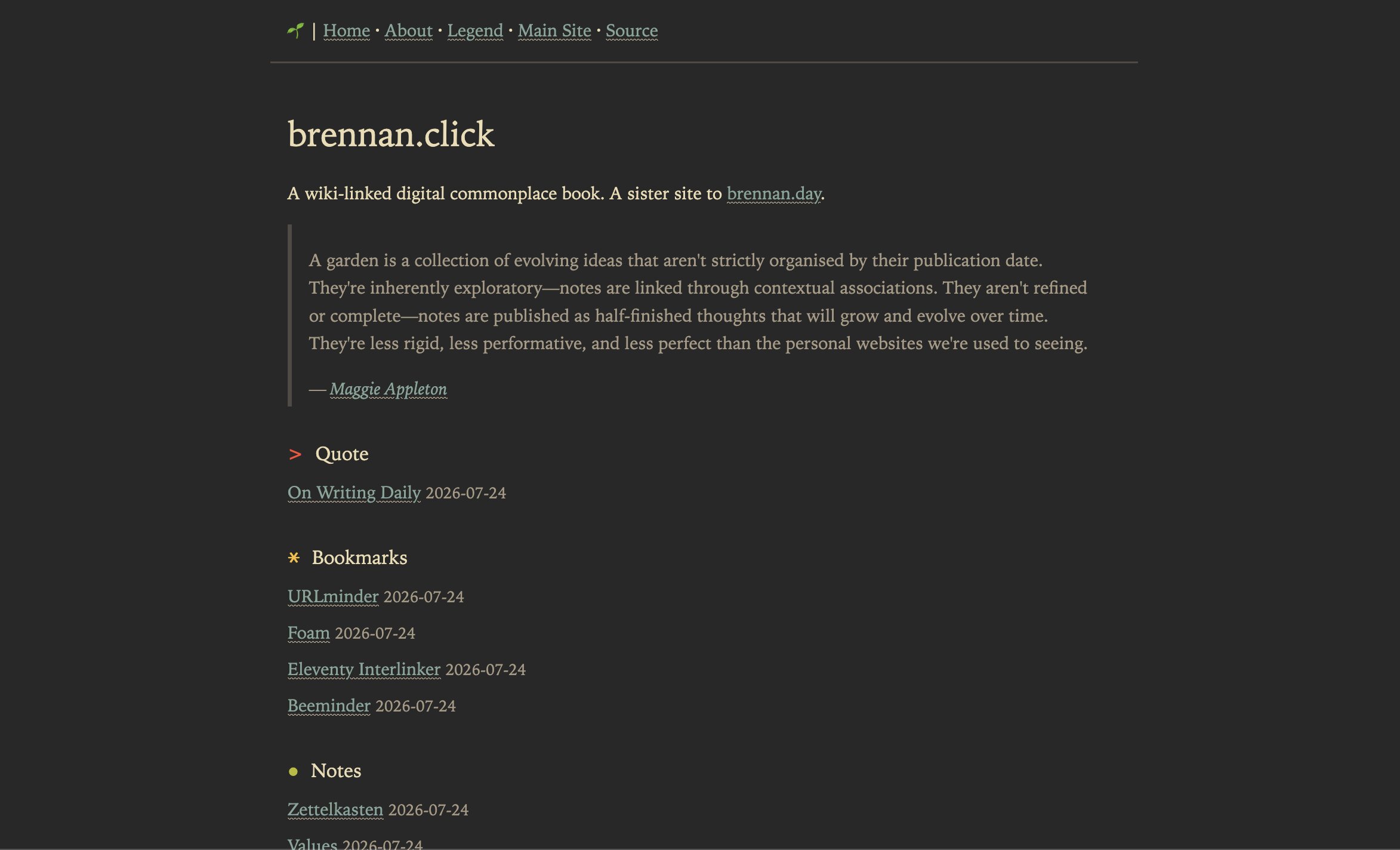 Screenshot of the brennan.click homepage, a dark-themed digital garden site with navigation links (Home, About, Legend, Main Site, Source). The page introduces the site as 'A wiki-linked digital commonplace book, a sister site to brennan.day,' followed by a blockquote from Maggie Appleton defining a digital garden as an evolving, non-chronological collection of linked, unpolished notes. Below are content sections with entries dated 2026-07-24: a Quote section ('On Writing Daily'), a Bookmarks section (URLminder, Foam, Eleventy Interlinker, Beeminder), and the start of a Notes section (Zettelkasten, Values).