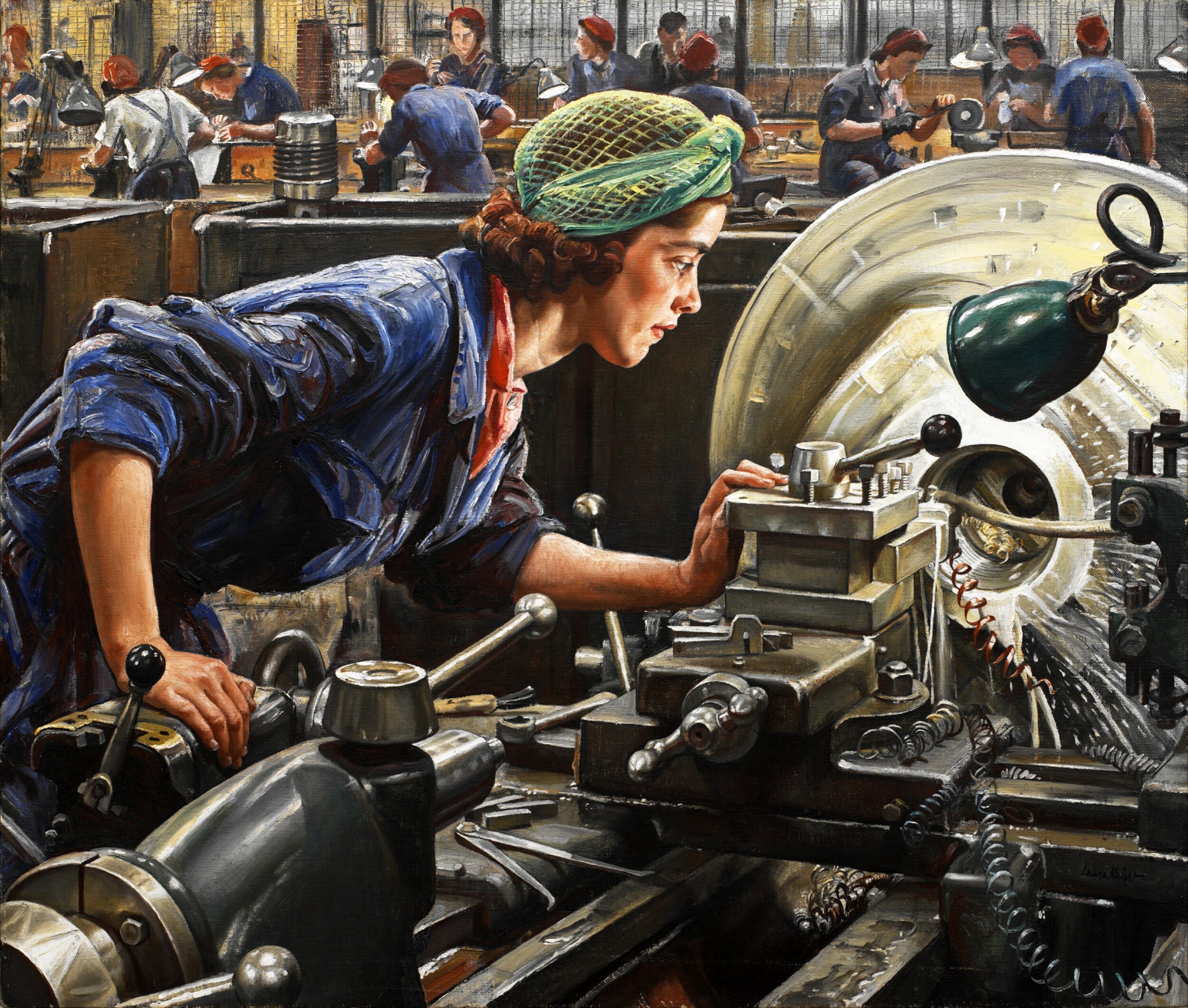 Oil painting of a young woman in a blue smock and green hairnet leaning over a lathe in a wartime munitions factory, closely adjusting a machine tool part as metal shavings curl off the spinning workpiece; rows of other factory workers, mostly women in red headscarves, are visible at benches in the background.