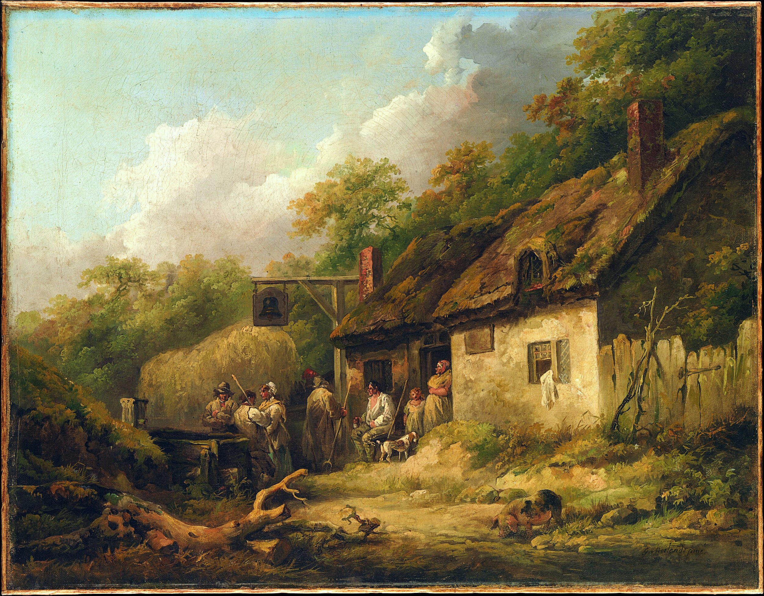 Oil painting of a rustic countryside inn scene. A thatched-roof whitewashed cottage with two brick chimneys serves as a wayside inn, identified by a hanging bell sign on a wooden post. Several figures in 18th-century rural clothing gather outside — some standing and conversing near a haycart, others seated by the inn's entrance with a dog. A wooded hillside rises behind the building under a partly cloudy sky. A small stream or puddle is visible in the foreground. The painter's signature appears in the lower right corner.