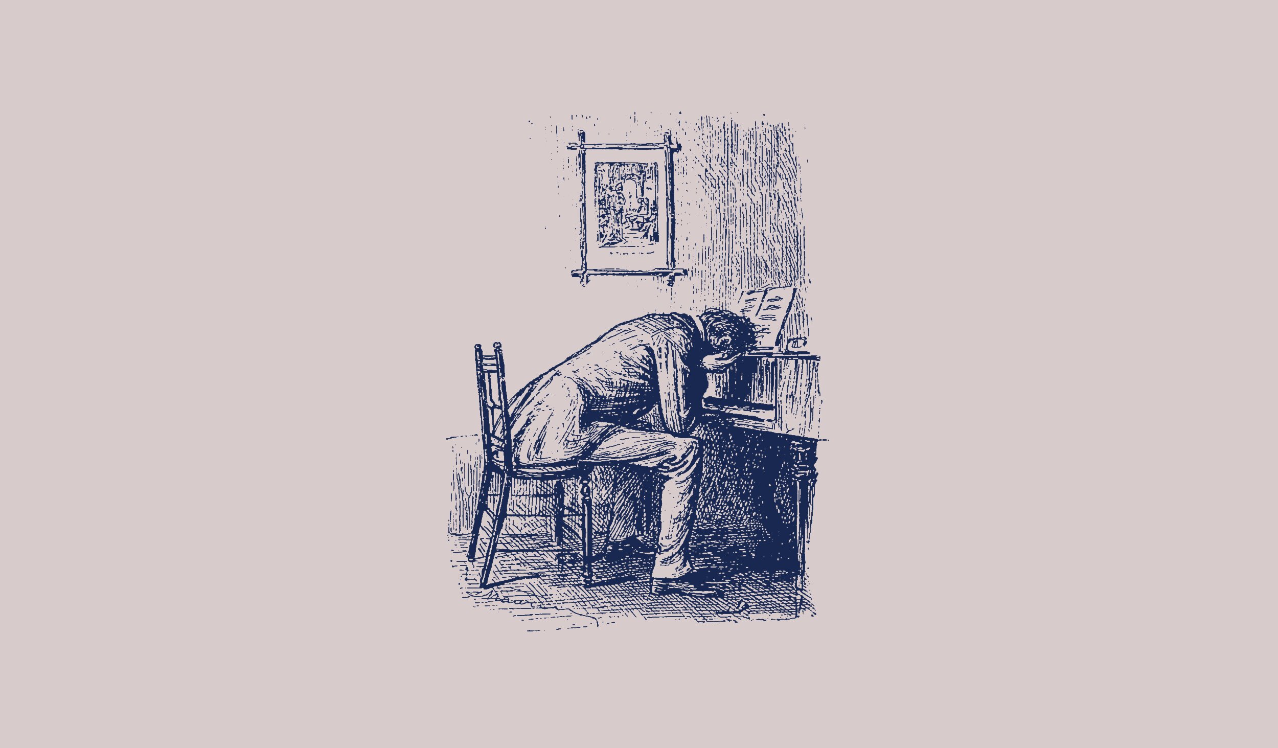Line-drawn engraving in navy on a dusty rose background, depicting a man in Victorian-era dress sitting at a writing desk. He's slumped forward with his head down on the desk, seemingly overcome by fatigue or frustration, papers scattered near him. A framed picture hangs on the wall above, and an empty chair sits beside the desk.