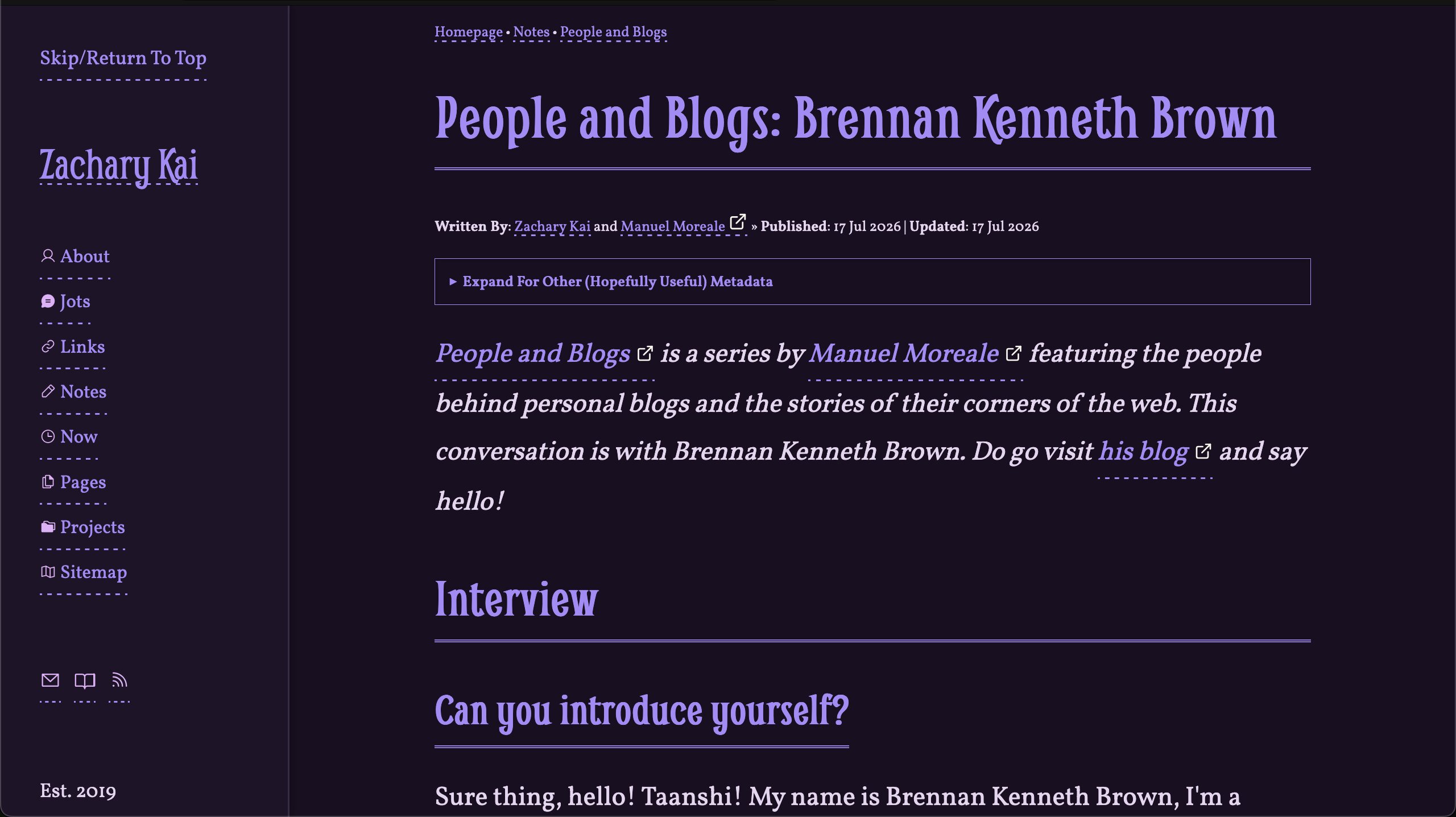 Screenshot of the People and Blogs interview page featuring Brennan Kenneth Brown on zacharykai.net. The page shows the People and Blogs series, interview details, and the start of a conversation about blogging, IndieWeb, and creative workflows.