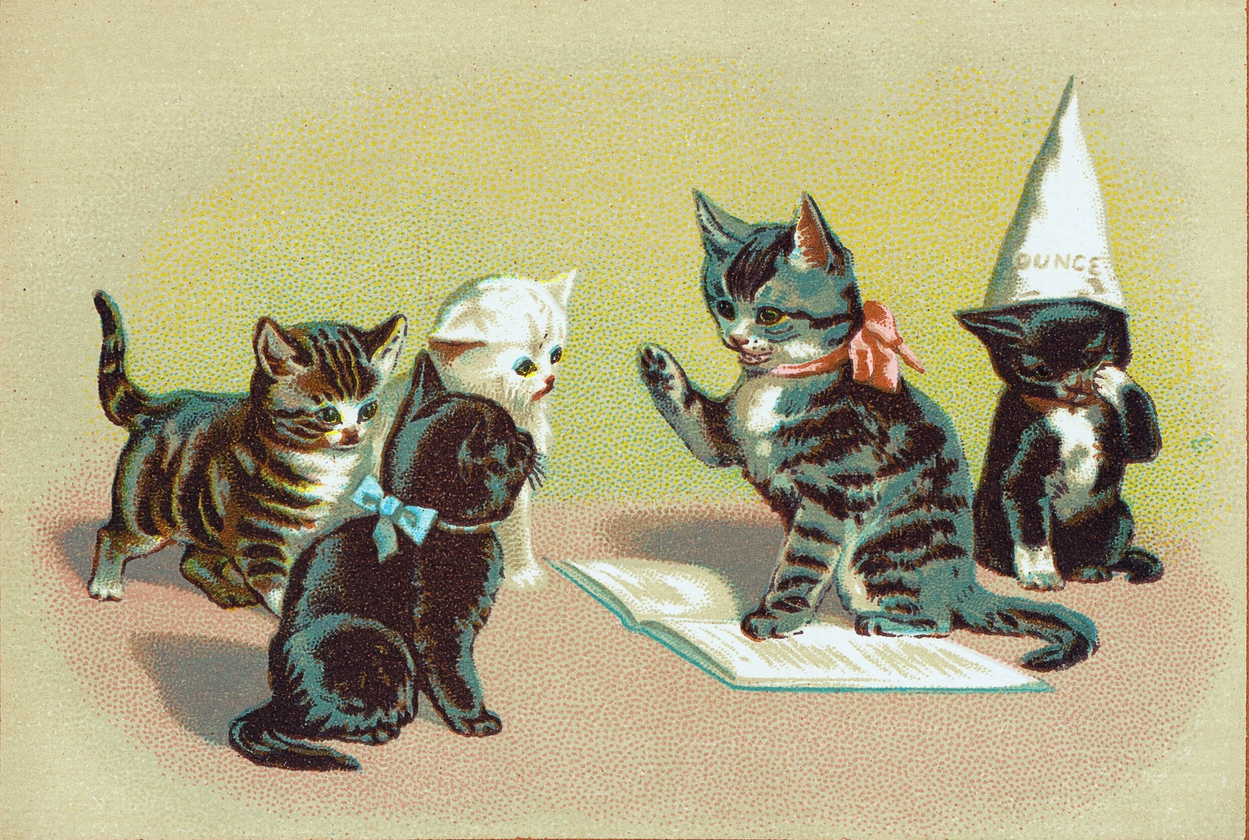 Vintage illustration of five kittens in a classroom scene. A grey tabby kitten wearing a pink bow sits upright on an open book, one paw raised as if reciting or answering a question. Facing it are a brown tabby kitten, a white kitten, and a black kitten with a light blue bow, watching attentively. At the far right, a black-and-white kitten wearing a tall pointed 'DUNCE' cap covers its face with one paw in shame. The scene has a mottled sepia-and-gold background typical of Victorian-era chromolithograph cards.