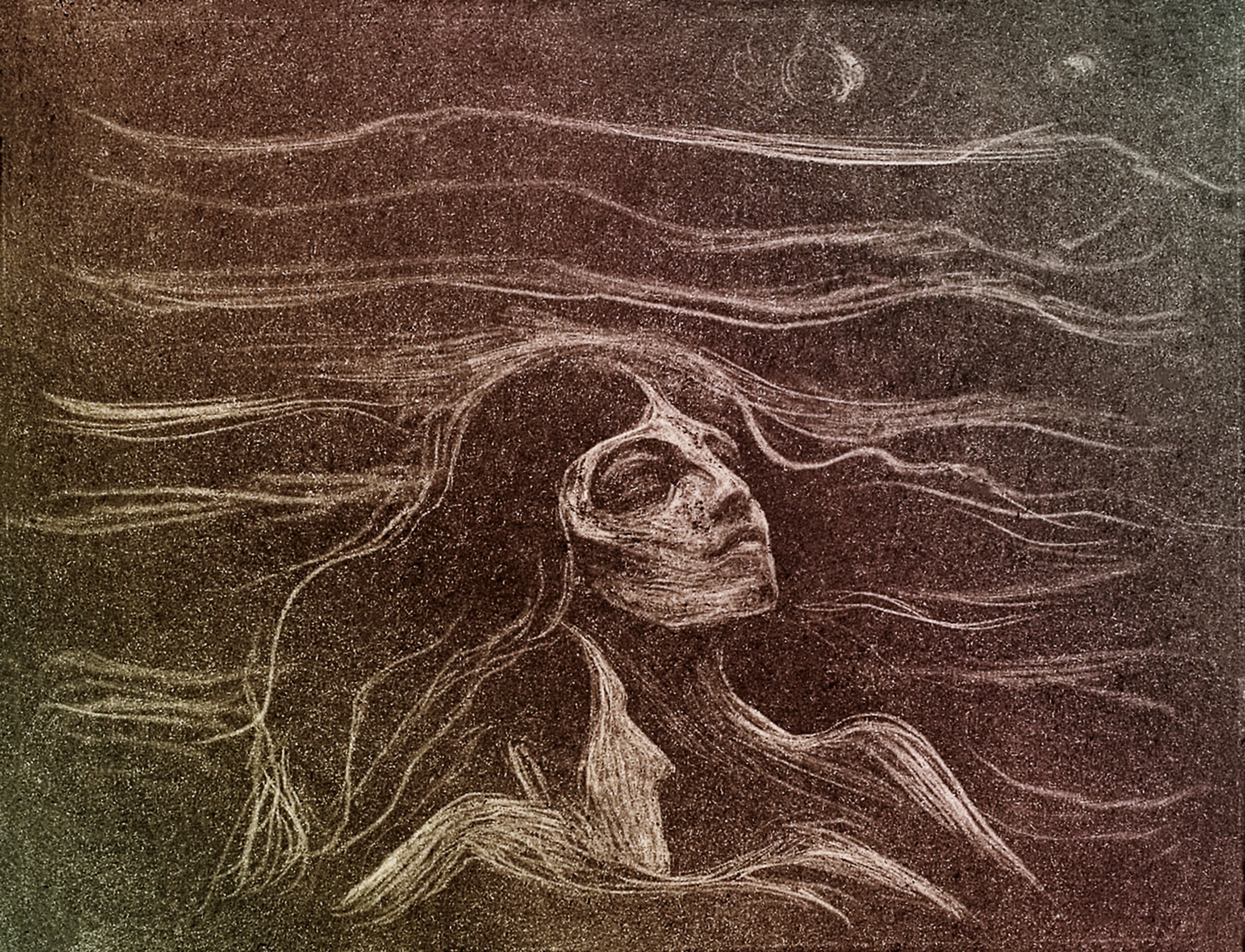A textured, sepia and rust-colored drawing on a heavily grained surface. A woman's face appears in profile at the center, eyes closed, chin tilted upward. Her hair dissolves into dozens of long, wavy parallel lines that sweep across the entire composition like ocean waves or wind currents, blurring the boundary between hair and atmosphere. A small pale circle, suggesting a moon, sits in the upper right