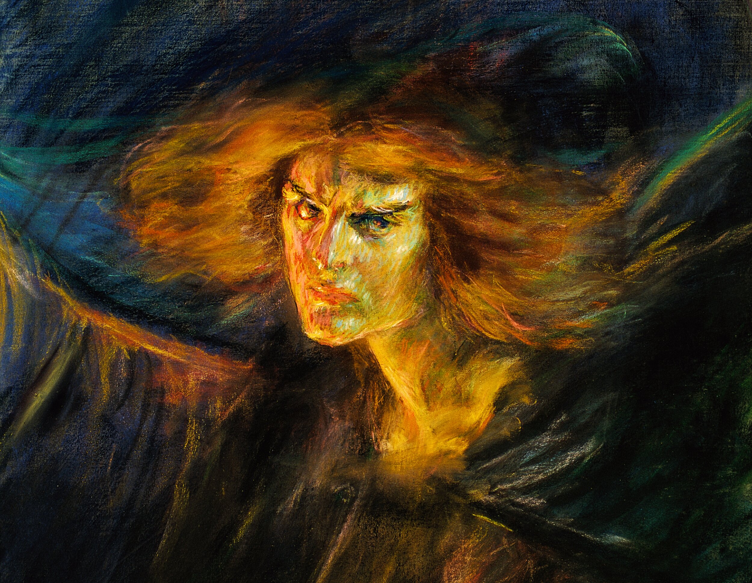 A dramatic expressionist oil painting depicting a figure with long, wildly flowing auburn and flame-orange hair that bleeds into the surrounding darkness. The figure's face is rendered in sickly yellow-green and white highlights, with an intense, brooding downward gaze. One eye caught in shadow, the other luminous. The chest and throat glow as if lit from within by fire. Dark, massive wing-like forms sweep across both sides of the composition, merging with a deep blue-black background. The overall palette contrasts volcanic oranges and golds against cool dark blues and greens, evoking a fallen or defiant supernatural being.