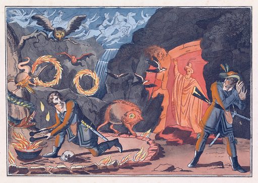 A dramatic 19th-century illustration depicting a fantastical nocturnal scene with supernatural elements. In a dark, cavernous setting lit by orange flames, several figures engage with demonic or mythological creatures.