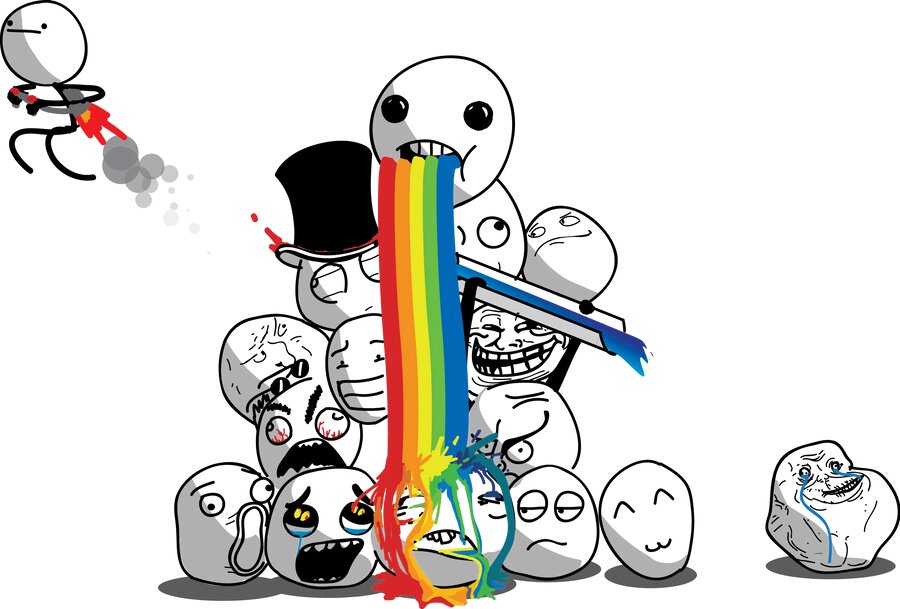 Fan art illustration of classic internet meme faces piled together, including Trollface, Forever Alone, Rage Guy, and others, with a top-hat-wearing figure vomiting a rainbow. A stick figure with a gun flies in the upper left.