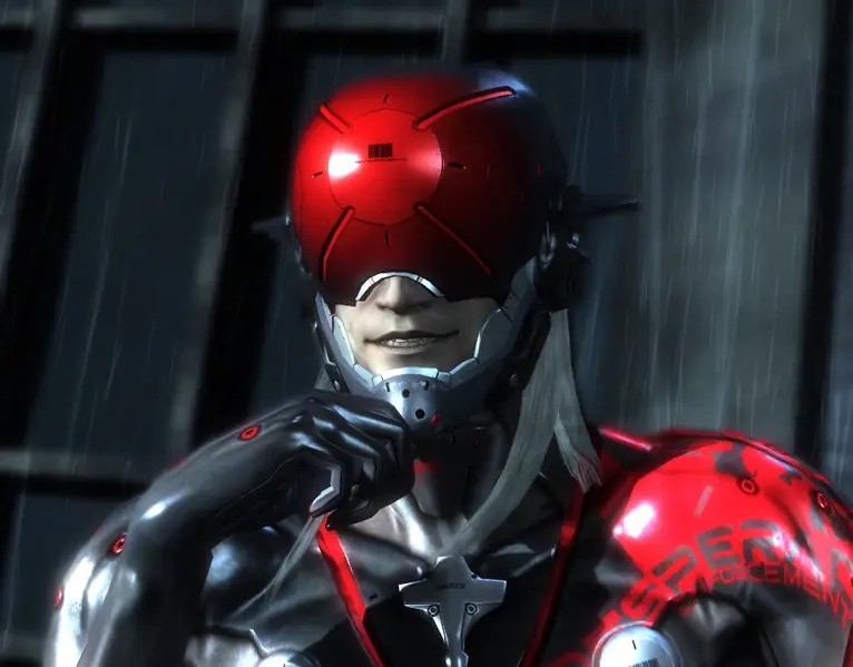 Monsoon, a cyborg antagonist from Metal Gear Rising: Revengeance, smiling in the rain wearing a red and black armoured suit with a red domed helmet.