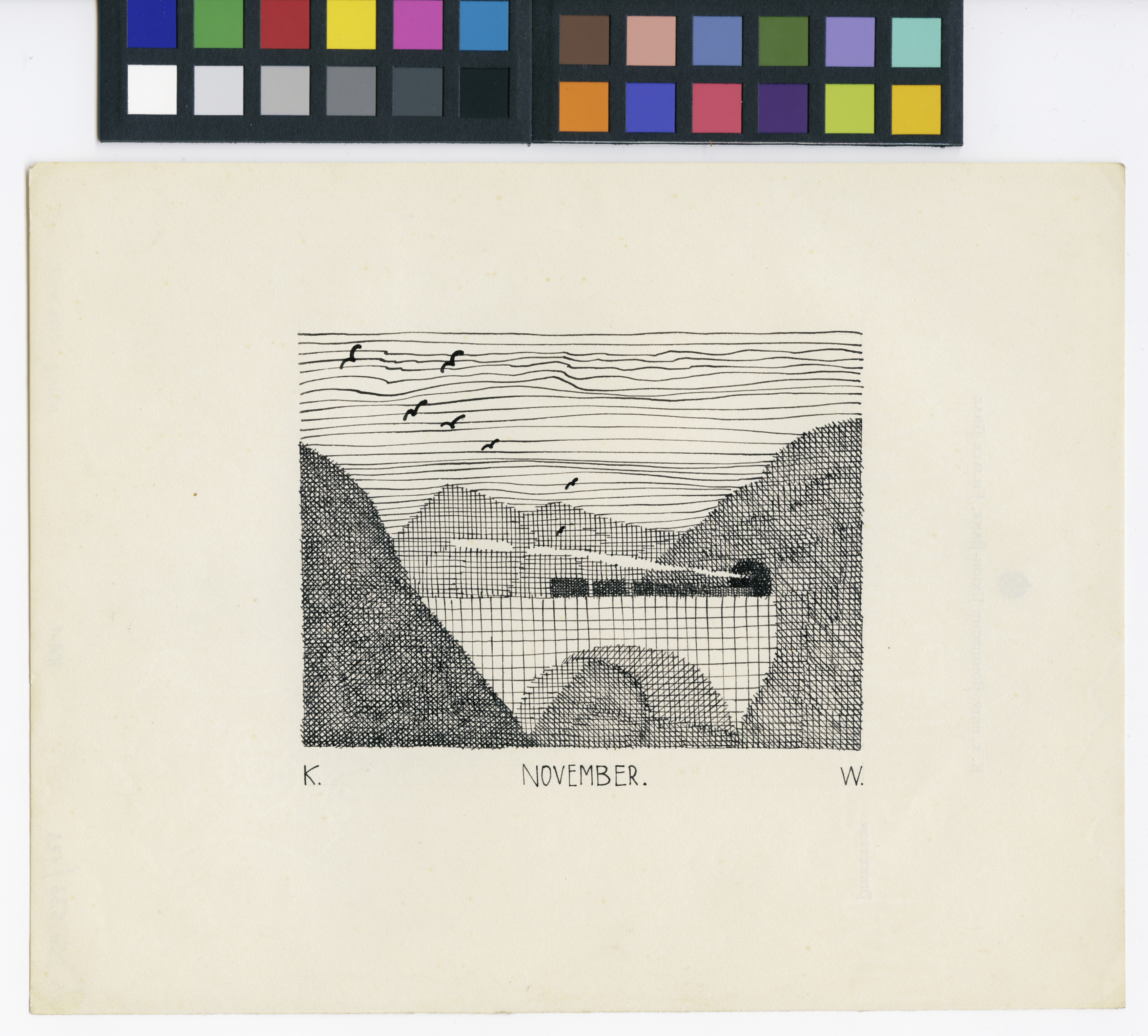 Pen-and-ink illustration titled 'November,' signed K. and W. Two crosshatched hills frame a valley, with a line of birds flying across a sky rendered in horizontal wavy strokes, growing smaller as they recede into the distance. A cluster of dark, blocky shapes sits in the middle distance where the hills meet, with a pale diagonal gap suggesting mist or a break in the land.