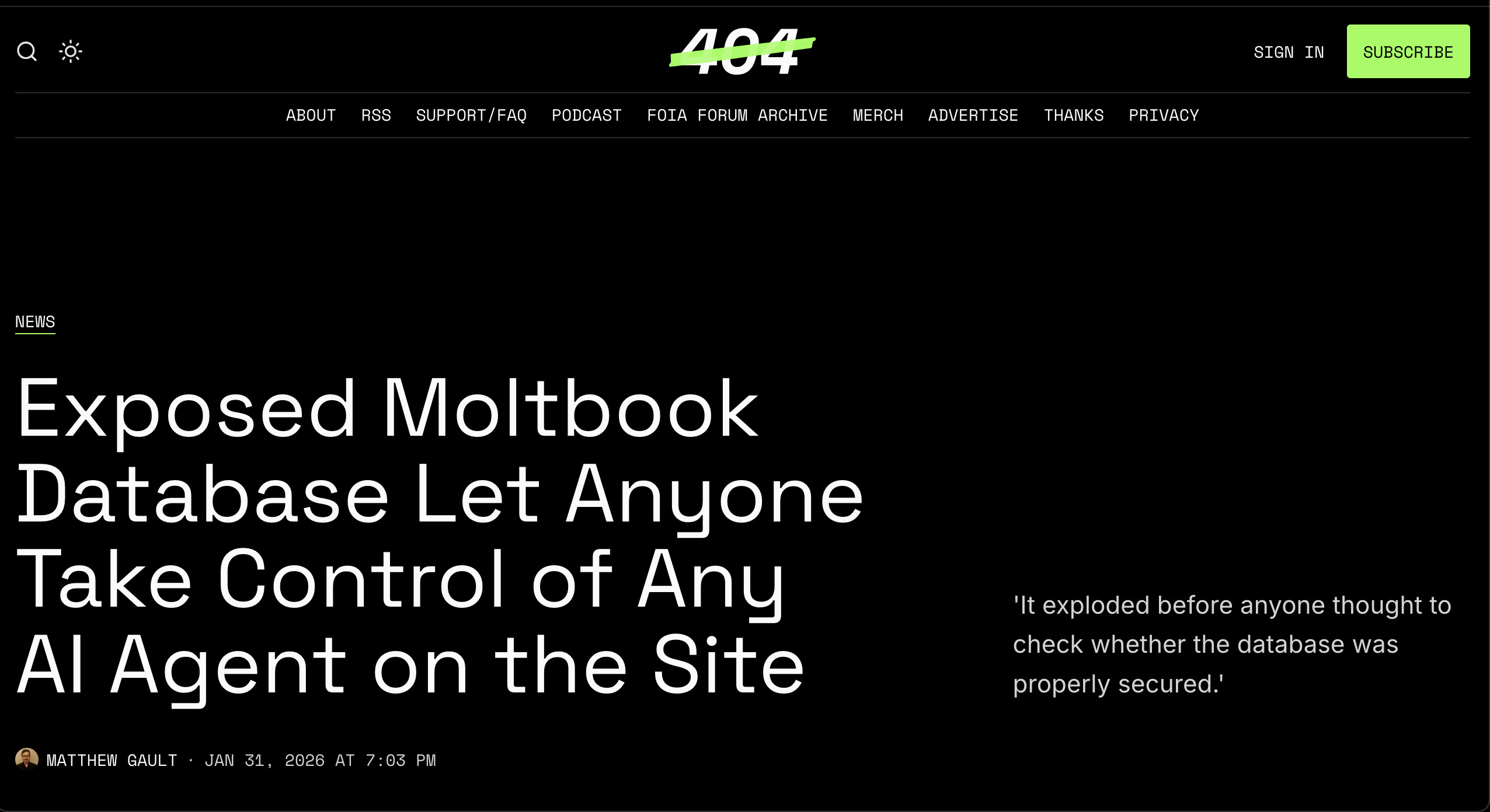Screenshot showing MoltBook's exposed database vulnerability