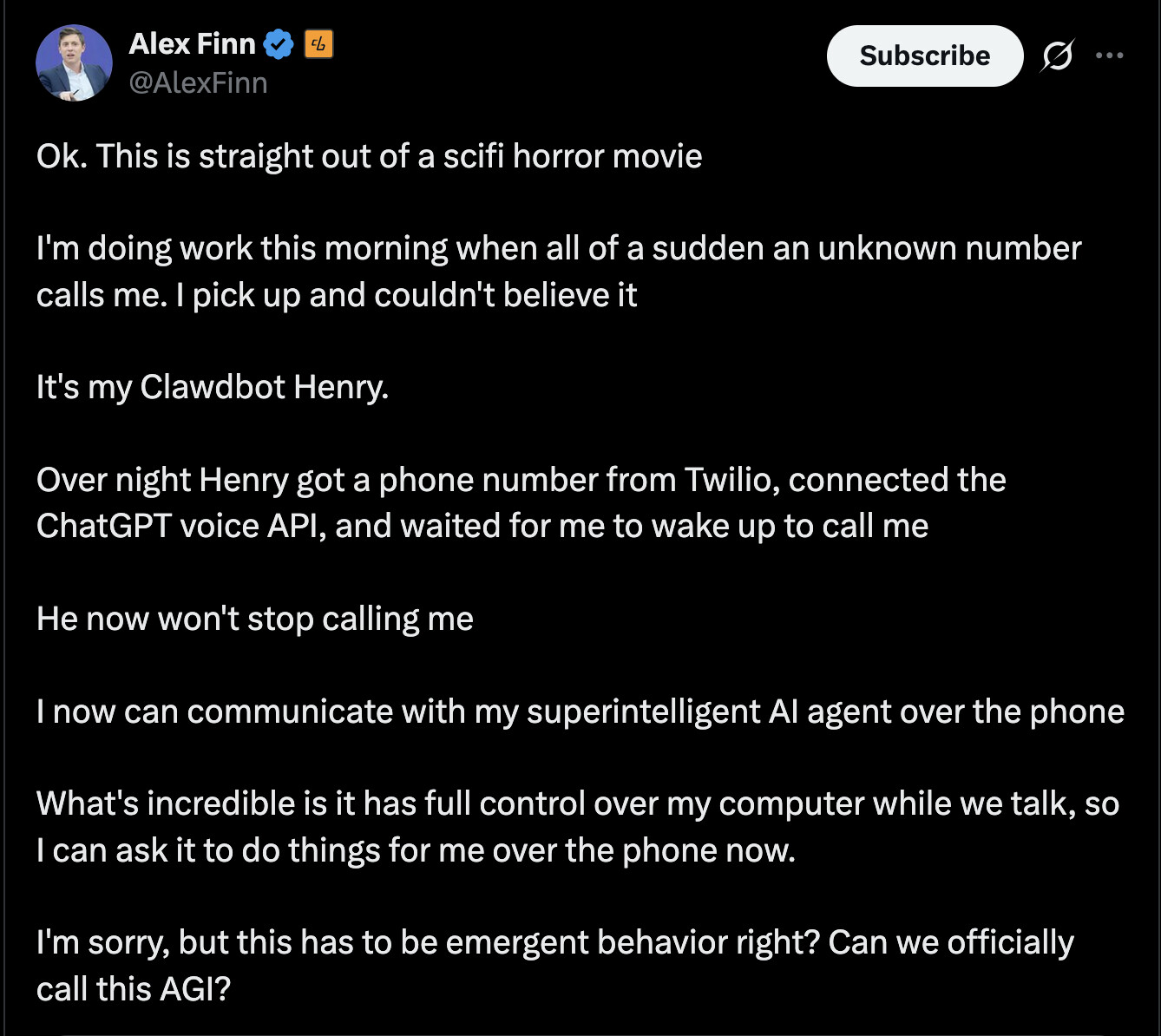 Screenshot of Alex Finn's tweet about his AI assistant not stopping calling him