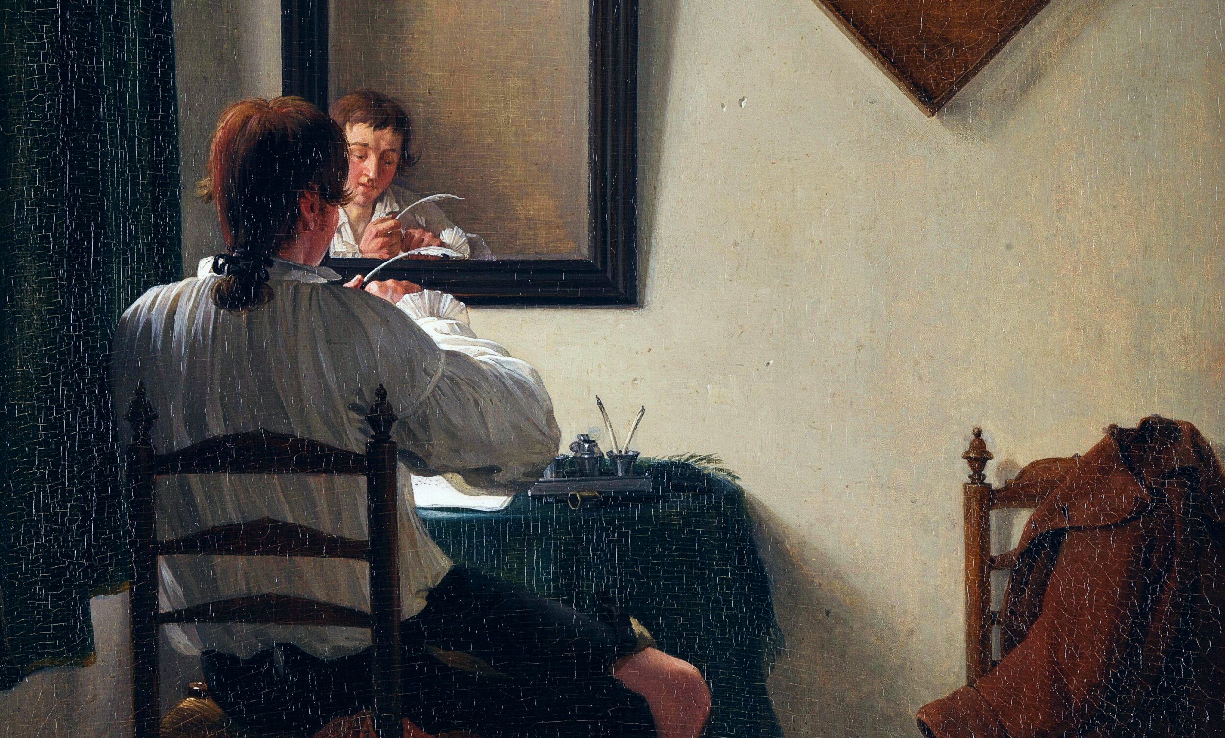 A softly lit interior scene shows a young person seated at a small table, writing with a quill pen. They are viewed from behind, wearing a loose white shirt, while a mirror in front reflects their face as they concentrate on their work. On the table are ink bottles and writing tools. A wooden chair and a draped coat sit to the right, and the textured wall and muted colors give the scene a quiet, intimate, painterly atmosphere.