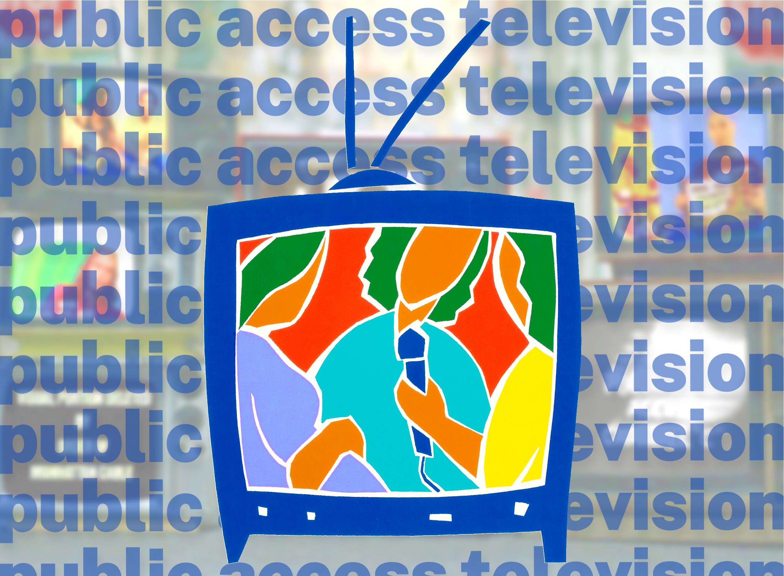 A graphic illustration featuring a vintage blue television set centered on the image, its antenna tilting to the right. The TV screen contains a vibrant stained-glass-style composition of diverse human faces and silhouettes rendered in bold colours. Orange, red, green, teal, turquoise, yellow, and lavender. A crowd and community of voices. The background is a repeating diagonal pattern of the words 'public access television' in translucent blue text, layered over a blurred cityscape, a busy commercial street.