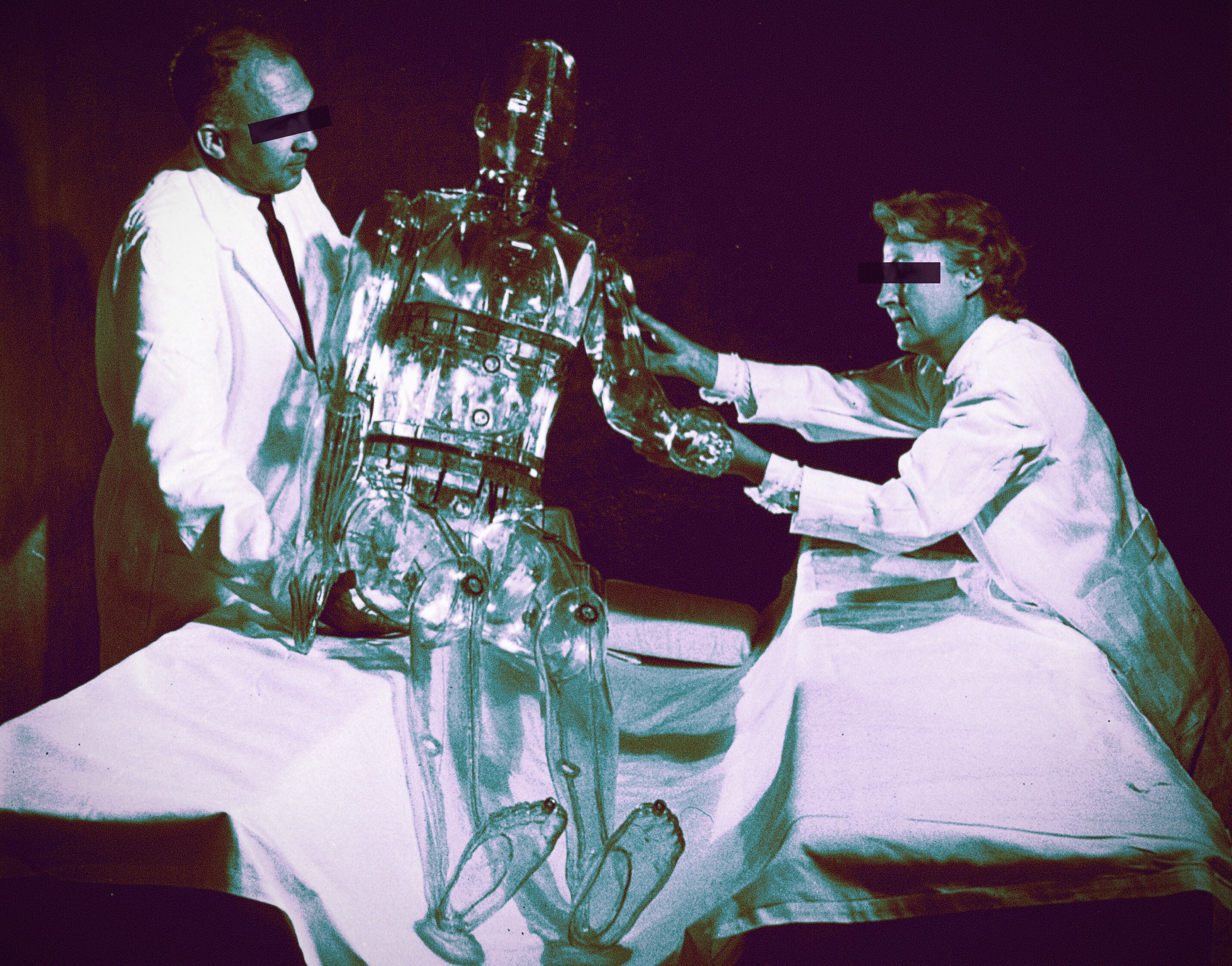 A duotone (purple and teal) archival-style photograph of two lab-coated figures, their eyes blacked out with censor bars, assembling a transparent robotic mannequin, with its clear body revealing an internal skeleton of tubes and joints, all on a draped table.