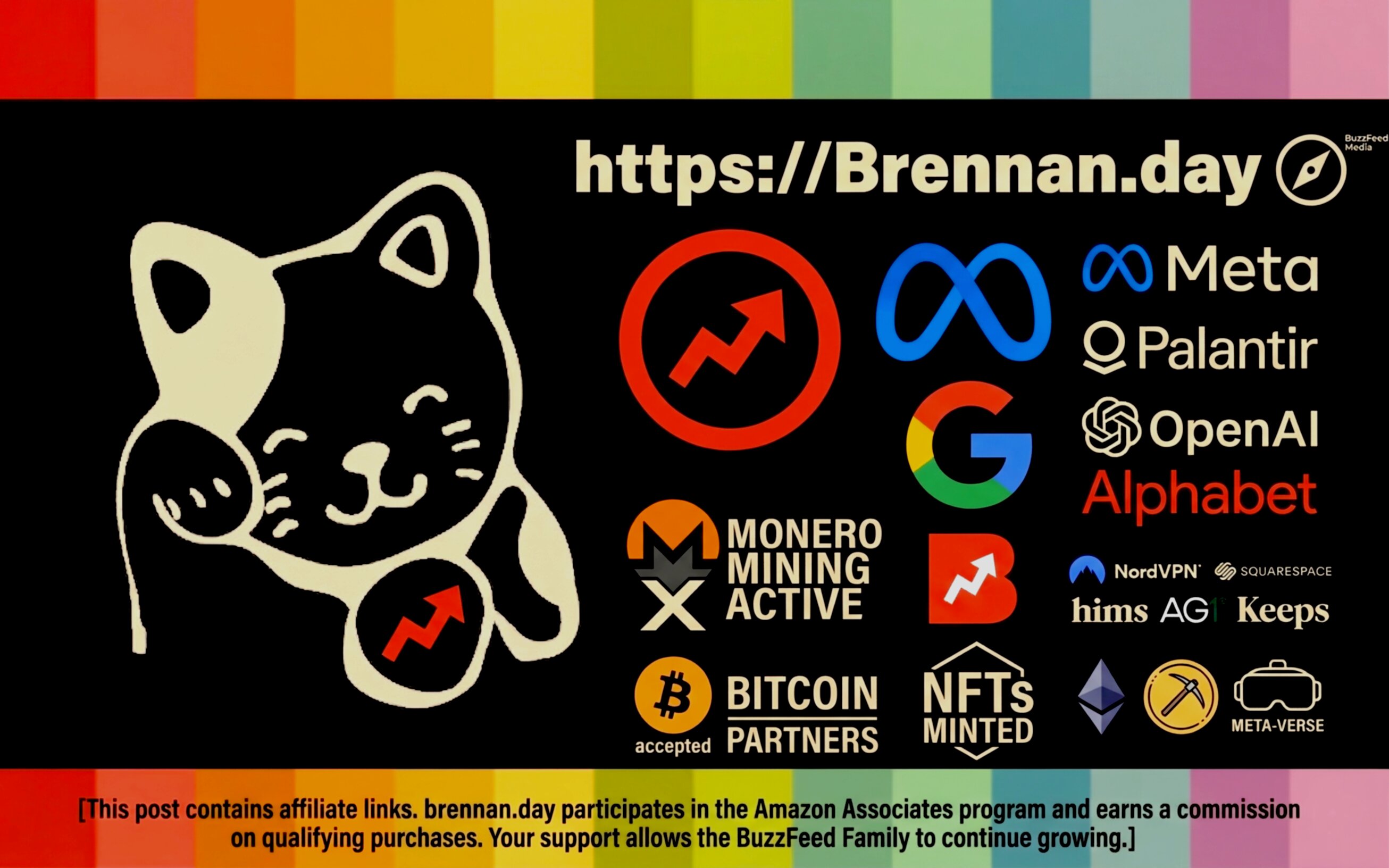 A promotional graphic for brennan.day. At the top is a rainbow gradient bar. Centered text reads 'https://Brennan.day.' On the left, a cartoon maneki-neko (lucky cat) holds a coin with a red upward-trending stock arrow. Across the image are logos and buzzwords implying corporate and tech partnerships: the BuzzFeed logo, Meta, Palantir, OpenAI, Google/Alphabet, NordVPN, Squarespace, Hims, AG1, and Keeps. Other icons and labels claim 'Monero Mining Active,' 'Bitcoin Accepted,' 'Bitcoin Partners,' 'NFTs Minted,' an Ethereum symbol, a pickaxe crypto-mining icon, and a 'Meta-verse' VR headset graphic.
