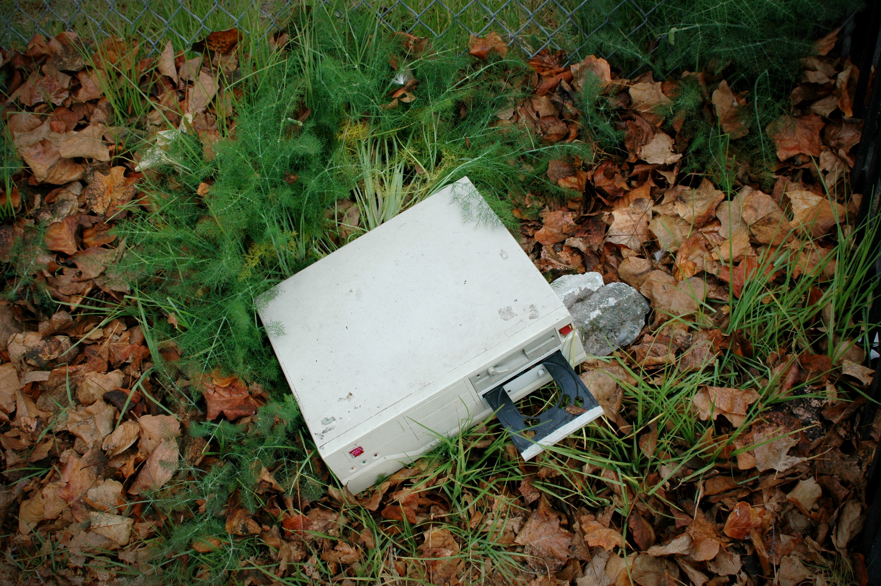 Weathered computer with visible dirt and moss growth abandoned on the ground among scattered brown autumn leaves, green grass patches, and foliage.