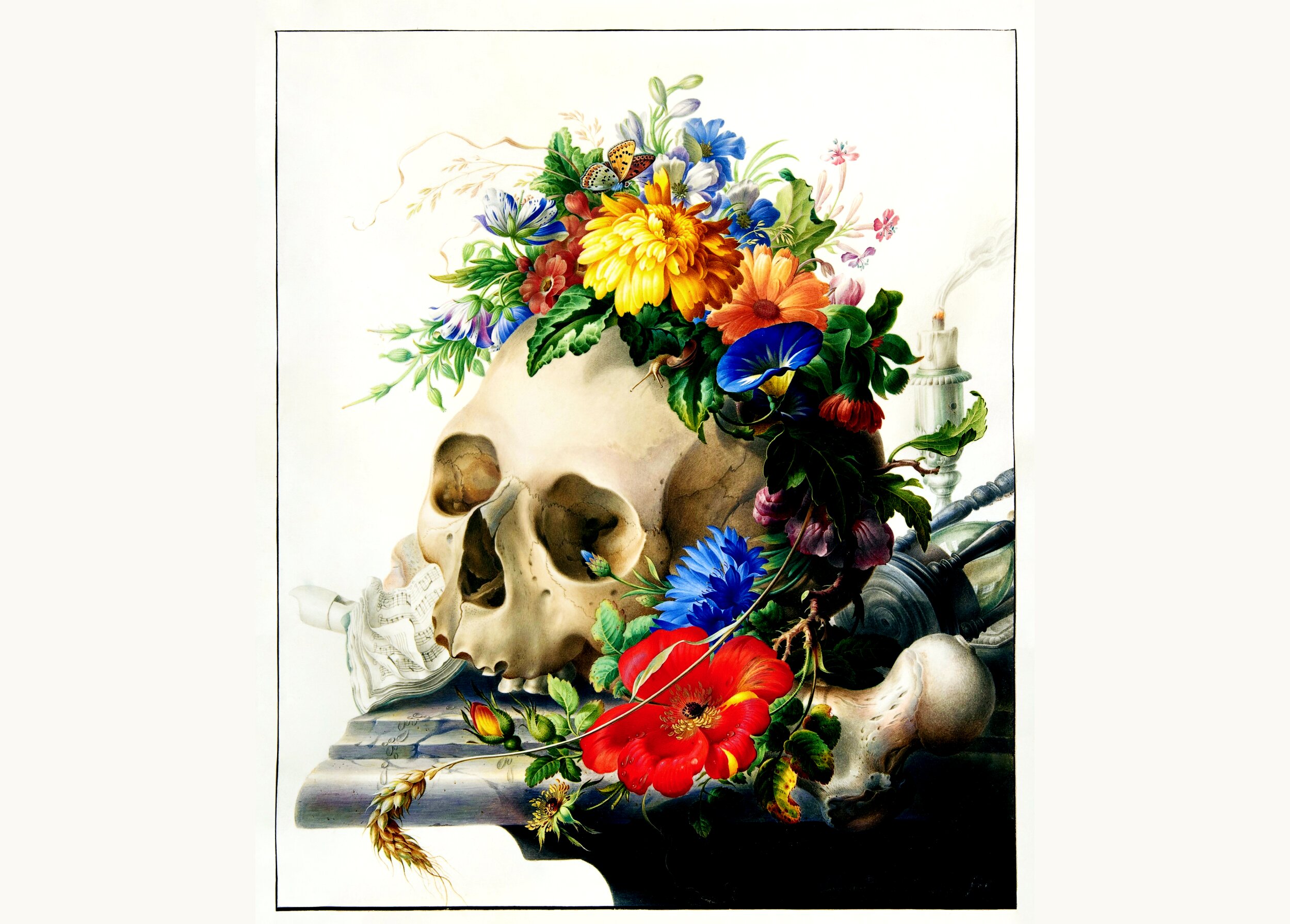A vanitas still life painting of a human skull crowned with a lush bouquet of flowers (yellow chrysanthemums, blue cornflowers, orange daisies, morning glories, and a red poppy), with a butterfly and small snail resting among the blooms. A curled sheet of music and a stalk of wheat lie in front of the skull, a long bone rests beside it, and a guttering candle and hourglass-like object sit in the shadowy background, all on a stone ledge.