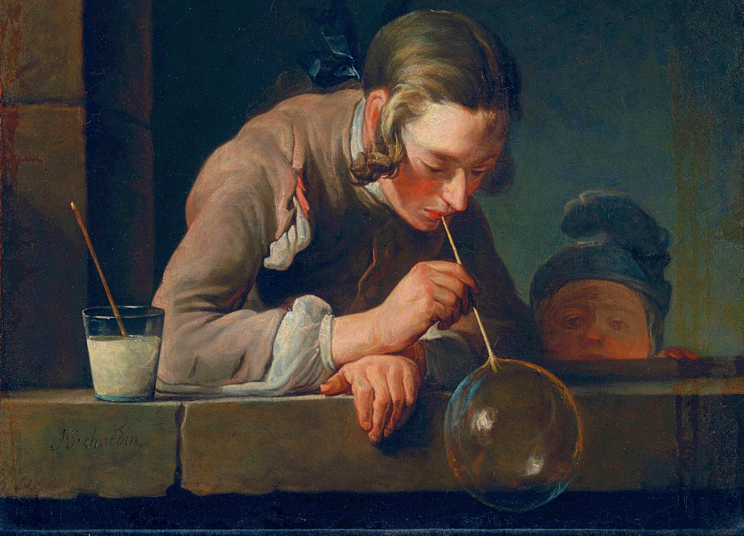 Oil painting of a young man in a loose beige coat, leaning out through a stone window ledge, blowing a large soap bubble on a straw. He grips the ledge with one hand while a smaller child peers over the sill beside him, watching intently. A cup of soap solution sits nearby. Dark, muted background typical of 18th-century Dutch/French genre painting.