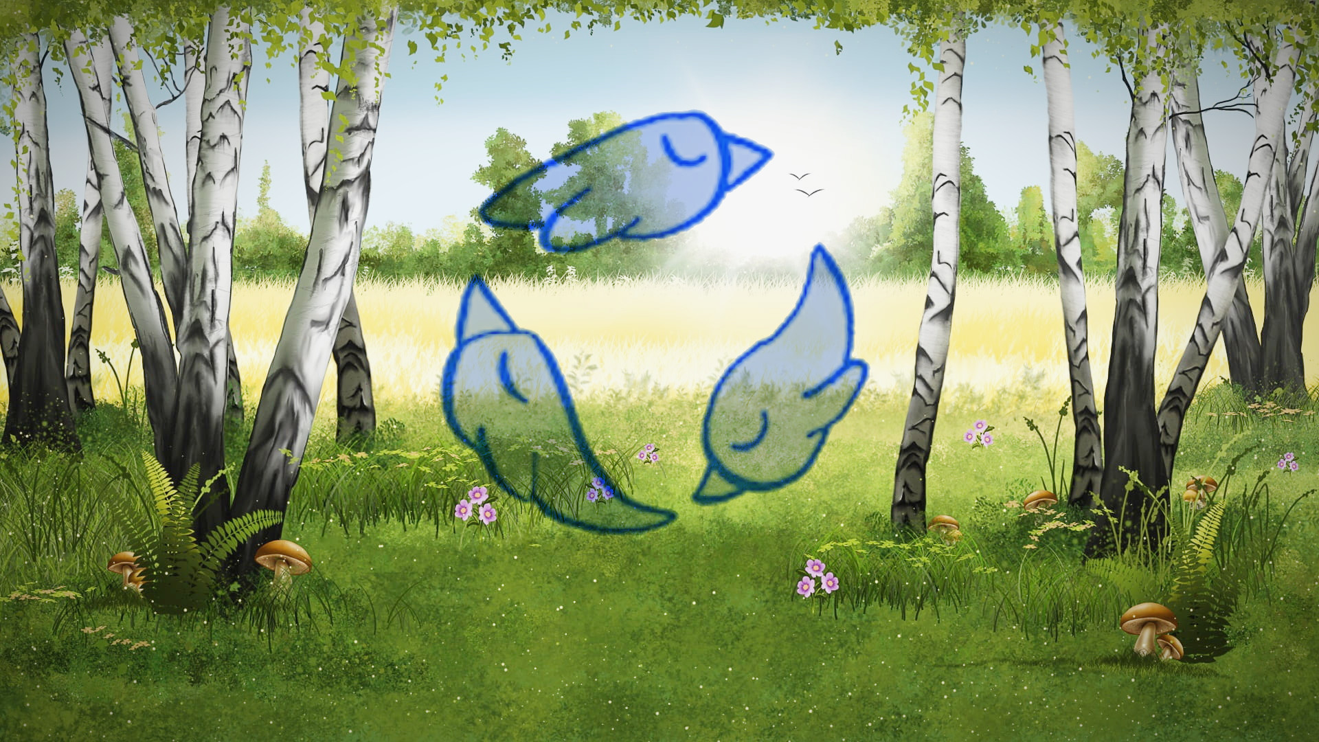 A simple blue line drawing of three birds overlaid on a serene forest clearing. The background shows birch trees framing a sunlit meadow with wildflowers, ferns, and mushrooms growing in lush green grass.