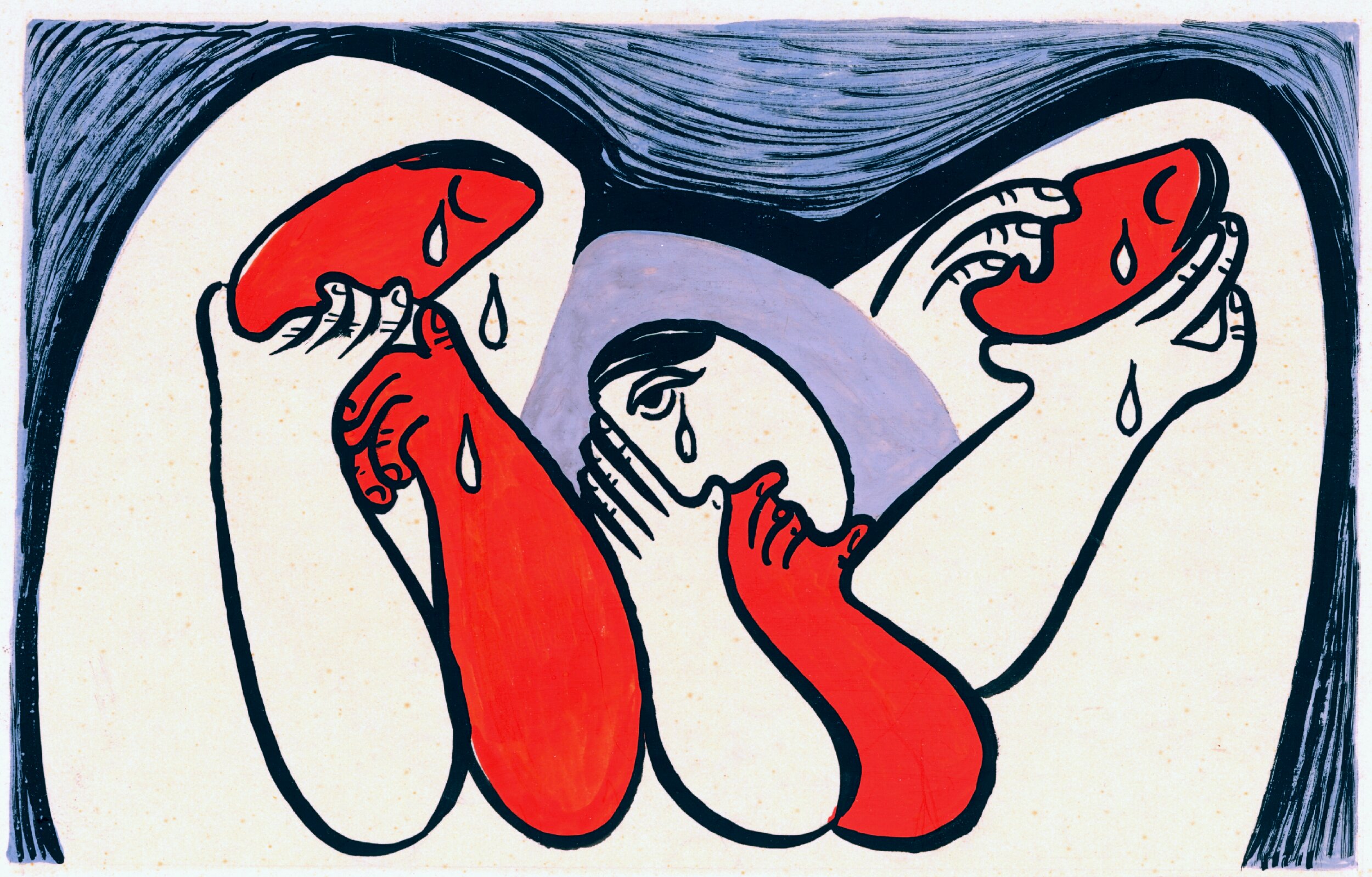 Bold graphic ink illustration in red, black, and dusty blue. A central hooded figure with one visible tearful eye has a red hand clamped over their mouth. On either side, two elongated red limb-like forms end in open, shouting mouths with teeth bared, tears dripping down. Dark wavy shapes frame the top of the composition against a cream background.