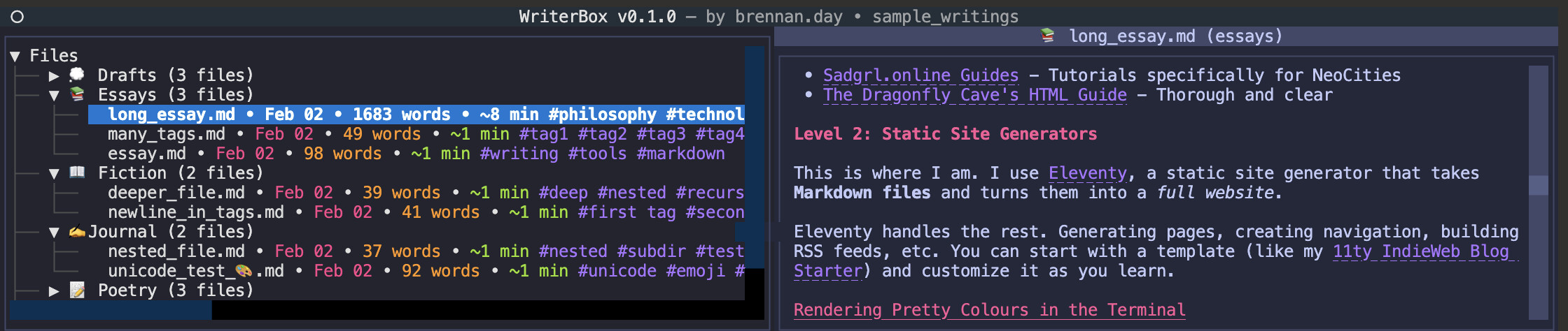 Screenshot of WriterBox v0.1.0 application showing a dark-themed interface with a file browser on the left and document preview on the right. The file browser displays a hierarchical folder structure. The preview pane shows content from 'long_essay.md' with purple hyperlinks
