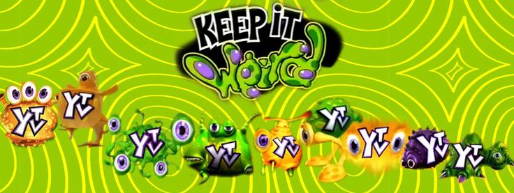 YTV promotional banner featuring the channel's 'Keep It Weird' branding. A row of cartoon bug-like alien creatures with exaggerated eyeballs and the YTV logo appear against a bright lime-green swirling background.