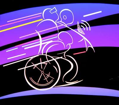 A stylized illustration of a wheelchair racer in motion, rendered in neon white line art against a bold graphic background of sweeping bands in black, purple, violet, and blue. The athlete leans forward aggressively over a racing wheelchair, with speed lines in pink, yellow, cyan, and white suggesting rapid forward movement. A small speaker with signal waves extends from the chair. The aesthetic evokes 1980s sports graphic design.