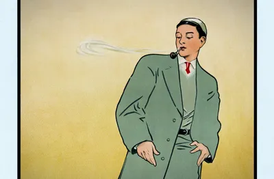 Vintage illustration of a young person in an oversized gray suit and red tie, smoking a pipe with a long trail of smoke curling behind them. They stand in a relaxed, fashion-posed stance against a plain cream-colored background, with a muted early-20th-century Art Deco aesthetic.