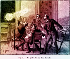 Hand-colored 19th-century engraving captioned 'Fig. 2. — Le globe de feu dans la salle' (The fireball in the room), signed Poyet. The image is tinted in vertical bands like a spectrum, shifting left to right from deep green through yellow-green, warm maroon-red, violet, and pale blue-gray. A glowing yellow-white ball of light hovers near a fireplace on the green-toned left side, casting a beam across the room toward four startled men in period suits, rendered mostly in reddish-purple tones, gathered around chairs and gesturing in alarm.
