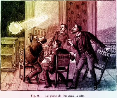 Hand-colored 19th-century engraving captioned 'Fig. 2. — Le globe de feu dans la salle' (The fireball in the room), signed Poyet. The image is tinted in vertical bands like a spectrum, shifting left to right from deep green through yellow-green, warm maroon-red, violet, and pale blue-gray. A glowing yellow-white ball of light hovers near a fireplace on the green-toned left side, casting a beam across the room toward four startled men in period suits, rendered mostly in reddish-purple tones, gathered around chairs and gesturing in alarm.