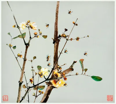 A detailed East Asian gongbi-style painting depicting bare brown branches bearing clusters of golden-yellow wintersweet (or plum) blossoms in various stages of bloom, along with a few green leaves. Several honeybees with distinct black-and-yellow striped bodies are shown in flight and landing on the flowers, painted with fine, realistic detail against a muted sage-gray background. Two red Chinese seal stamps appear in the bottom corners, characteristic of traditional East Asian brush painting.