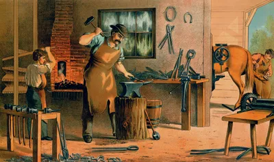 Vintage color illustration of a busy blacksmith shop in warm orange and brown tones. A mustached blacksmith in a brown hat and leather apron swings a sledgehammer over a glowing horseshoe held with tongs on an anvil set atop a tree stump, while a boy in a white shirt works the forge behind him, its brick chimney lit by red coals. Tongs, a wire coil, and a horseshoe hang on the wall, and piles of horseshoes lie on the floor. Through an open doorway on the right, a second smith fits a shoe to a horse held in a sling frame.