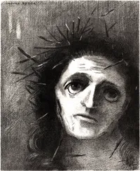 Black-and-white lithograph, a close cropped portrait of Christ's face and part of his shoulders, head tilted slightly, gaze directed up and to the side rather than at the viewer. The left side of the face is lit almost stark white, the right side sinks into deep shadow, giving the two eyes a strikingly different weight. One large and luminous, the other dark and sunken. Dark wavy hair frames the face, and a crown of thorns is rendered not as a neat circlet but as a chaotic burst of jagged black spikes radiating upward and outward from the crown of the head. The background is built from dense, crosshatched pencil strokes.