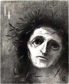 Black-and-white lithograph, a close cropped portrait of Christ's face and part of his shoulders, head tilted slightly, gaze directed up and to the side rather than at the viewer. The left side of the face is lit almost stark white, the right side sinks into deep shadow, giving the two eyes a strikingly different weight. One large and luminous, the other dark and sunken. Dark wavy hair frames the face, and a crown of thorns is rendered not as a neat circlet but as a chaotic burst of jagged black spikes radiating upward and outward from the crown of the head. The background is built from dense, crosshatched pencil strokes.