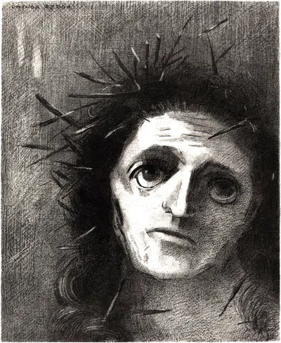 Black-and-white lithograph, a close cropped portrait of Christ's face and part of his shoulders, head tilted slightly, gaze directed up and to the side rather than at the viewer. The left side of the face is lit almost stark white, the right side sinks into deep shadow, giving the two eyes a strikingly different weight. One large and luminous, the other dark and sunken. Dark wavy hair frames the face, and a crown of thorns is rendered not as a neat circlet but as a chaotic burst of jagged black spikes radiating upward and outward from the crown of the head. The background is built from dense, crosshatched pencil strokes.