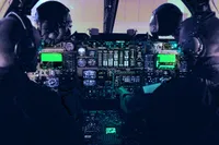 Two aircrew members wearing helmets, headsets, and oxygen masks are seated in a dimly lit military aircraft cockpit. The instrument panel between them glows with green multi-function displays, rows of analog engine gauges, and backlit switches, while light is visible through the windscreen ahead.