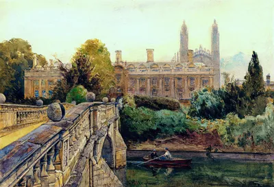 A watercolor landscape painting depicting a serene, classical scene. In the foreground on the left, a stone bridge with an ornate balustrade, large spherical ornaments on pedestals, and a visible arch is bathed in sunlight. The bridge angles diagonally down towards a dark, calm river. On the water, a small red rowboat carries two figures, one rowing with an oar while the other sits facing them, casting reflections in the water. There's dense, lush green trees and thick foliage that partially obscure the base of a building. The background features a symmetrical classical structure with arched windows, tall chimneys, and two towering gothic spires. The sky is a soft, hazy pale yellow-blue. In the bottom left corner on the stone wall of the bridge, the year '1889' and an artist's signature are visible.
